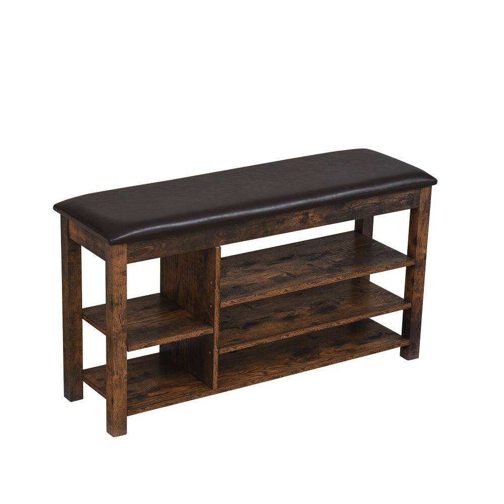 Alt View 4. Ropilly - Ropilly Vintage Rubberwood Shoe Changing Bench Entryway Storage Bench with PU Leather Seat - Vintage.