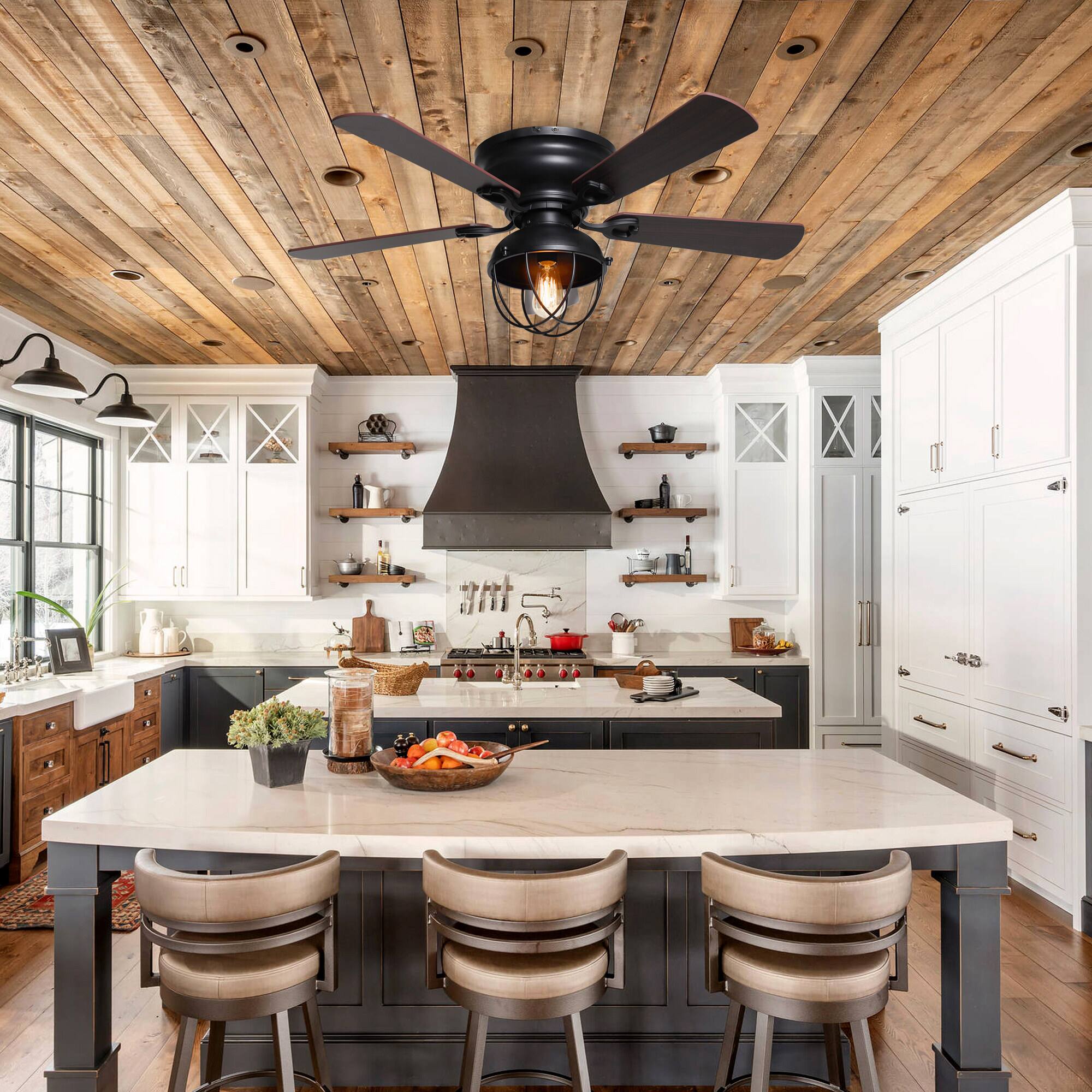 Back. Parrot Uncle - 42" Industrial Wood 5-Blade Matte Black Flush Mount Ceiling Fan with Remote - Black.