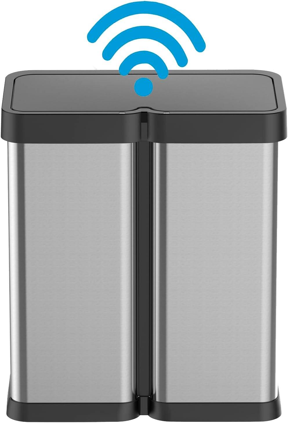 Front. Acekool - 16 Gallon Silver Motion Sensor Trash Can with Dual 30 Liter Compartments, Automatic Hands-Free Lid, Stainless Steel - Silver.