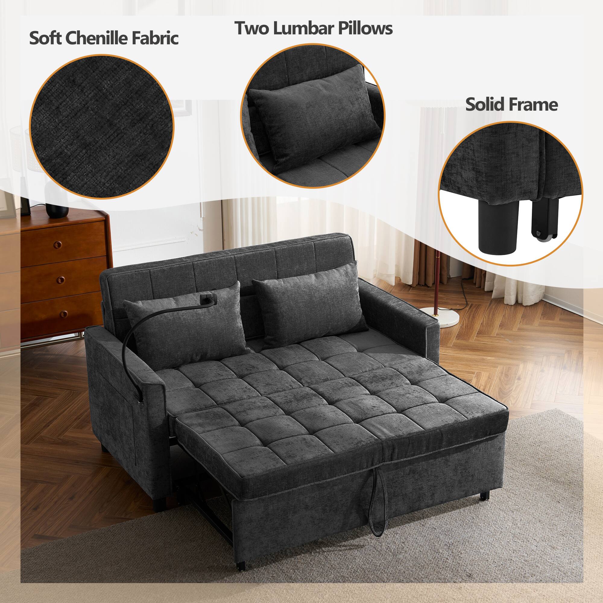 Soft Chenille Fabric  
Two Lumbar Pillows  
Solid Frame