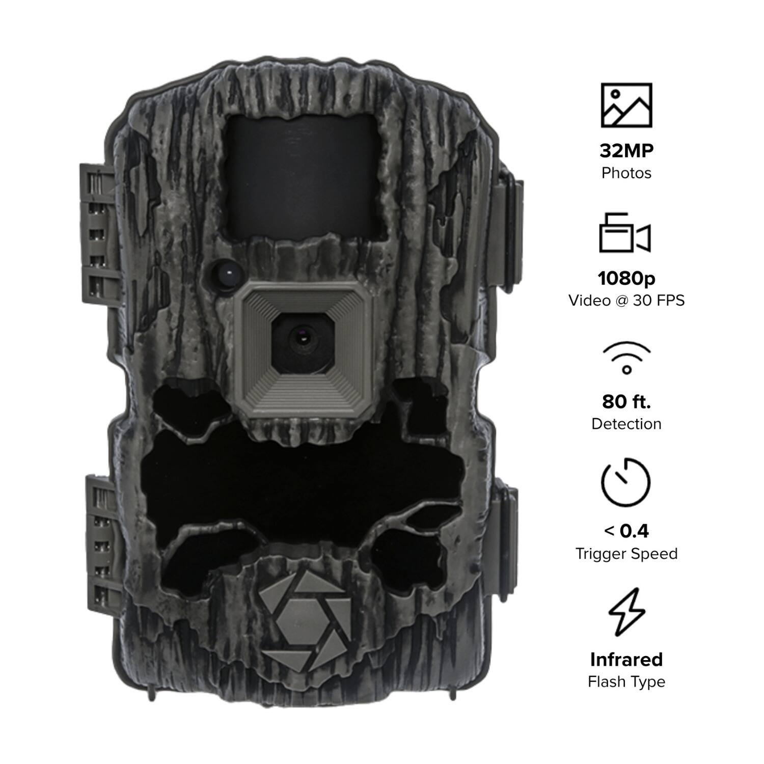 - 32MP Photos
- 1080p Video @ 30 FPS
- 80 ft. Detection
- < 0.4 Trigger Speed
- Infrared Flash Type