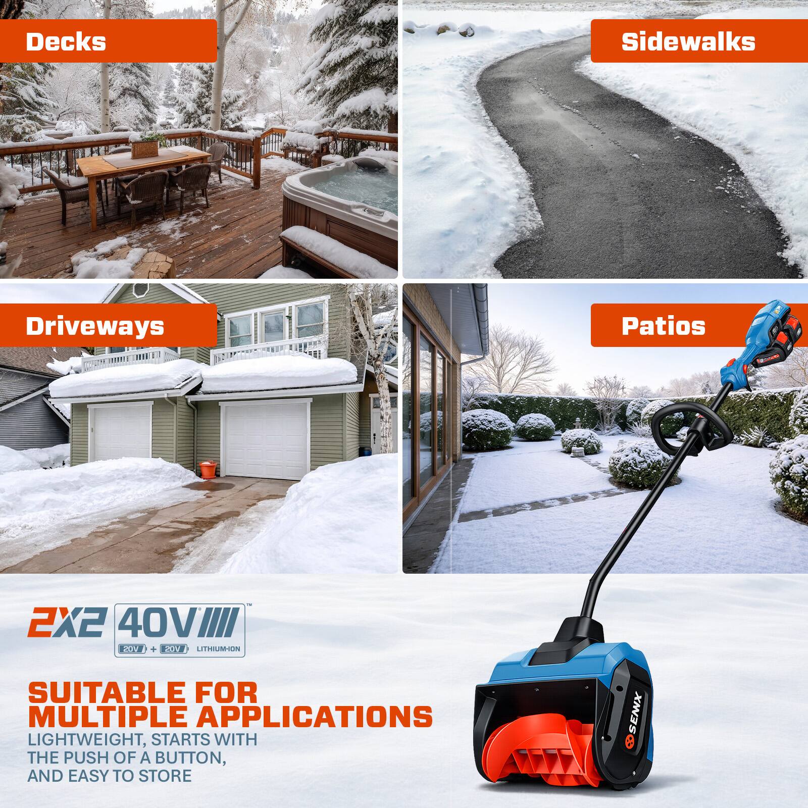 Decks Sidewalks Driveways Patios

2X2 40V (20V + 20V) LITHIUM ION

SUITABLE FOR MULTIPLE APPLICATIONS
LIGHTWEIGHT, STARTS WITH THE PUSH OF A BUTTON, AND EASY TO STORE