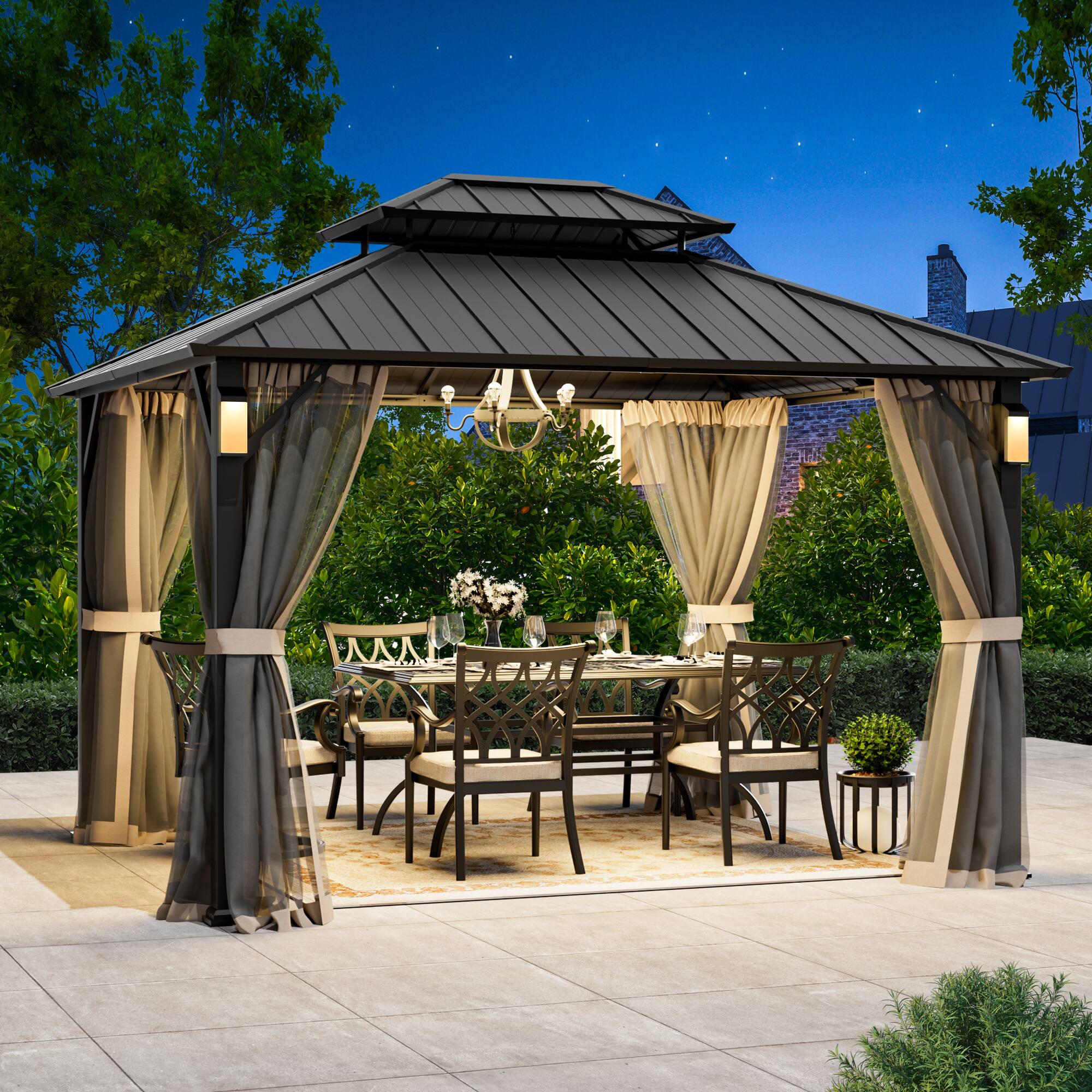 Angle. Modern Shade Outdoor Living Spaces - Modern Shade The Horizon Hardtop Gazebo 10' x 12' with 4 LED Lights, Galvanized Steel Double Roof - Black.
