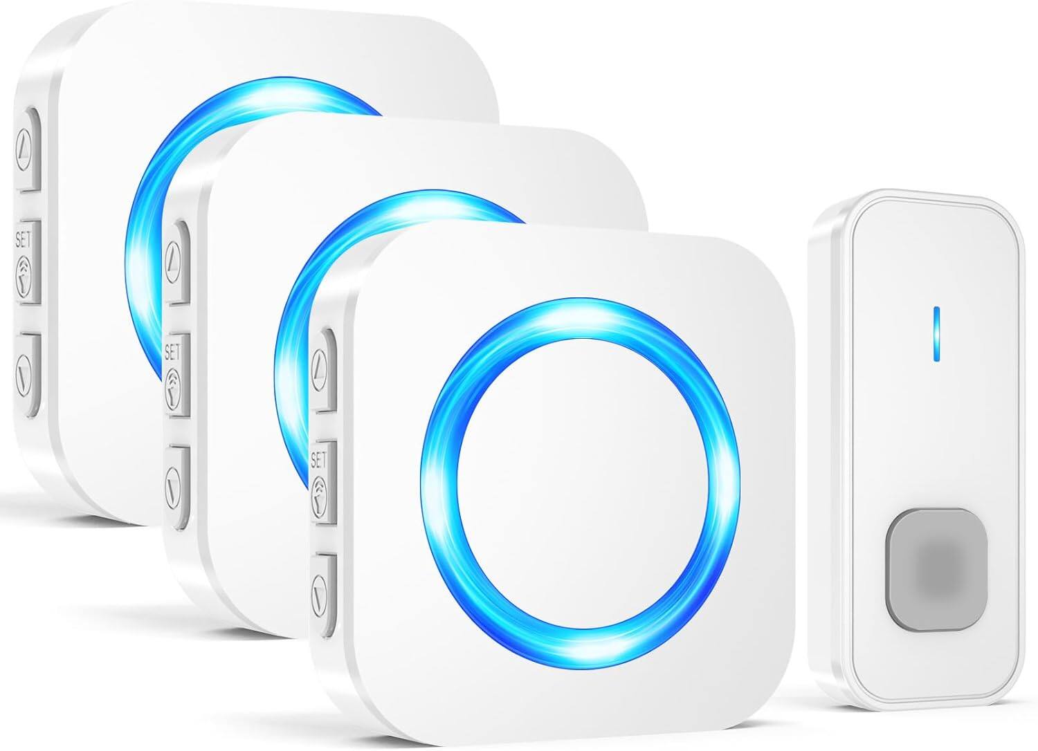 Schertz - Wireless Waterproof Doorbell – 1300ft range, 55 ringtones, 5 volume levels + mute, LED flash, 1 button + 3 receivers, fo - White