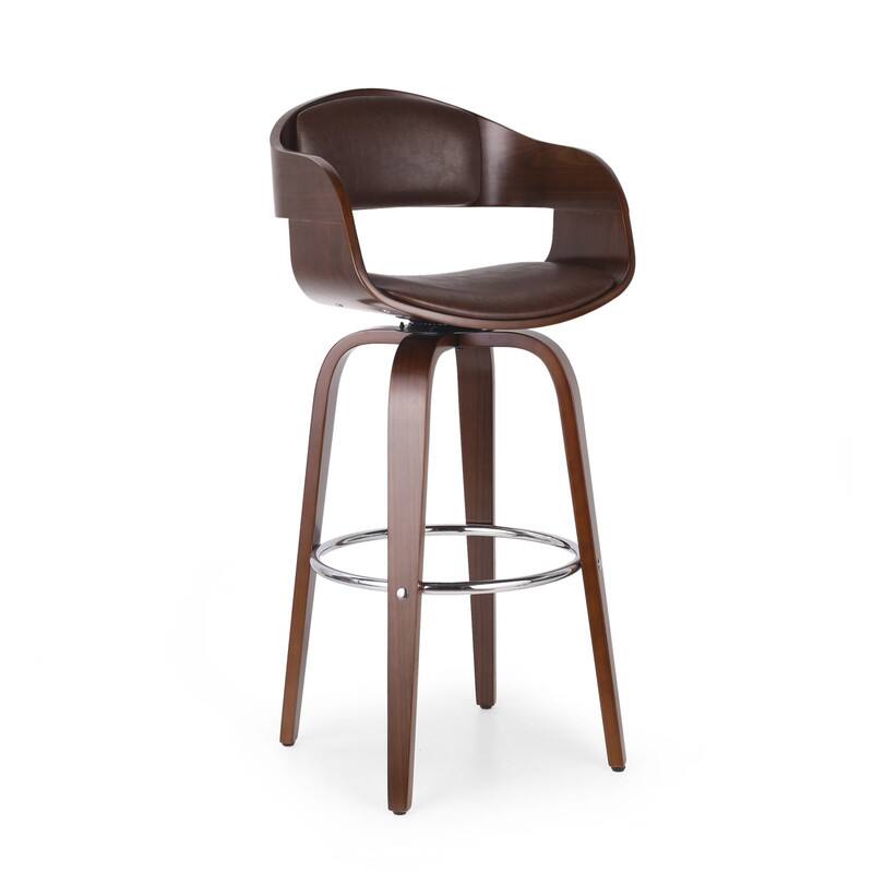 Alt View 1. HTUTWOO - Mid-Century Modern Swivel Bar Stool, Walnut Wood Veneer Frame with Footrest, Leather Upholstery for Kitchen, Island, Bar - Dark Brown.