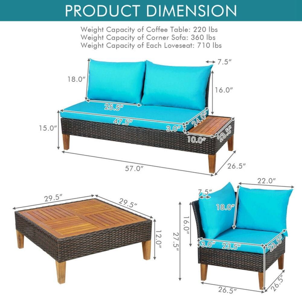 PRODUCT DIMENSION

Weight Capacity of Coffee Table: 220 lbs  
Weight Capacity of Corner Sofa: 360 lbs  
Weight Capacity of Each Loveseat: 710 lbs  

- Coffee Table:  
  - Length: 29.5"  
  - Width: 29.5"  
  - Height: 12.0"  
  - Top Surface: 29.5" x 29.5"  

- Corner Sofa:  
  - Length: 57.0"  
  - Width: 26.5"  
  - Height: 30.0"  
  - Seat Depth: 23.5"  
  - Armrest Height: 18.0"  
  - Back Height: 26.5"  
  - Seat Height: 10.0"  
  - Cushion Thickness: 3.0"  
  - Cushion Width: 25.5"  
  - Cushion Depth: 18.0"  

- Loveseat:  
  - Length: 47.5"  
  - Width: 26.5"  
  - Height: