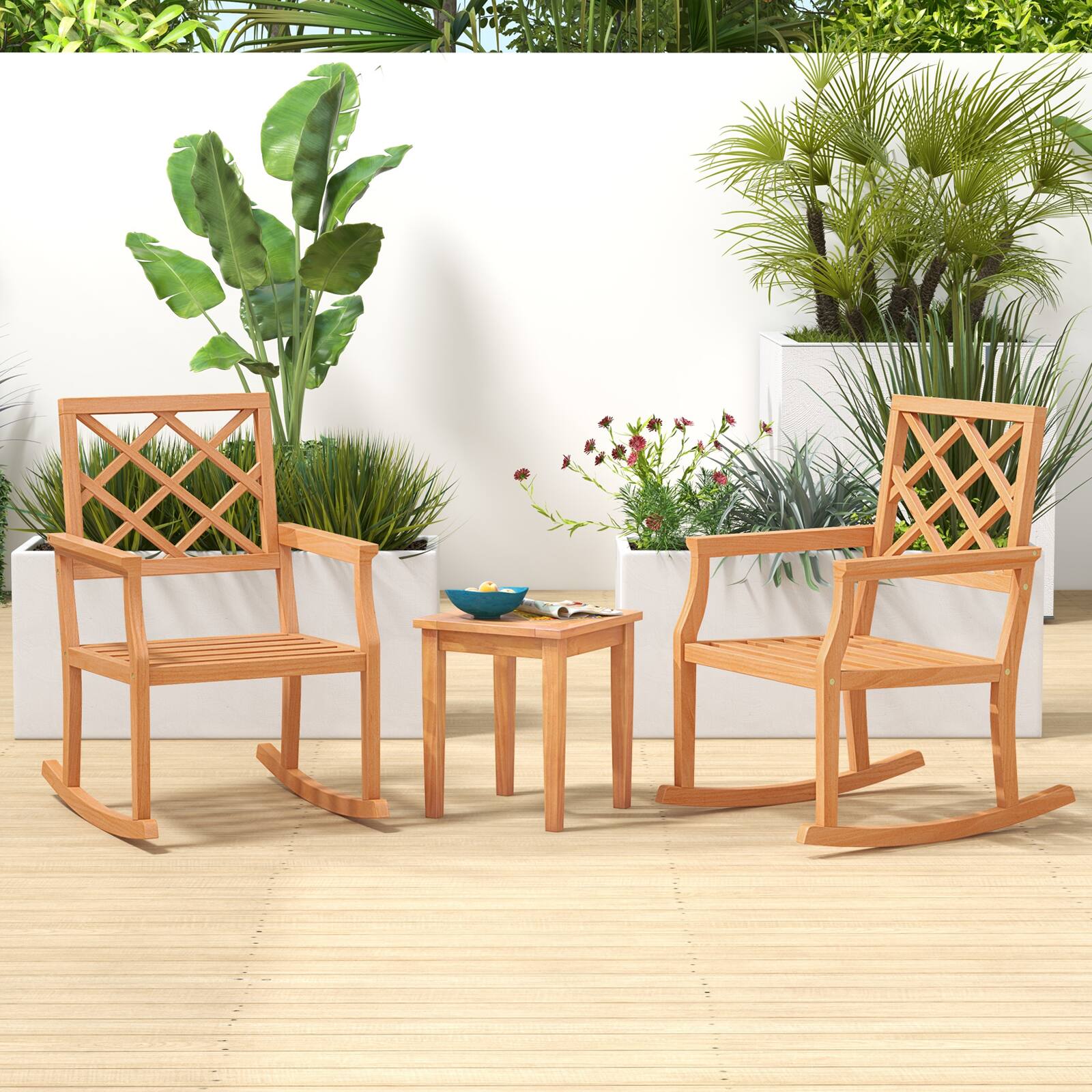 Alt View 1. Costway - Costway 2 PCS Teak Wood Rocking Chair with Backrest and Slatted Seat Backyard and Lawn - Natural.