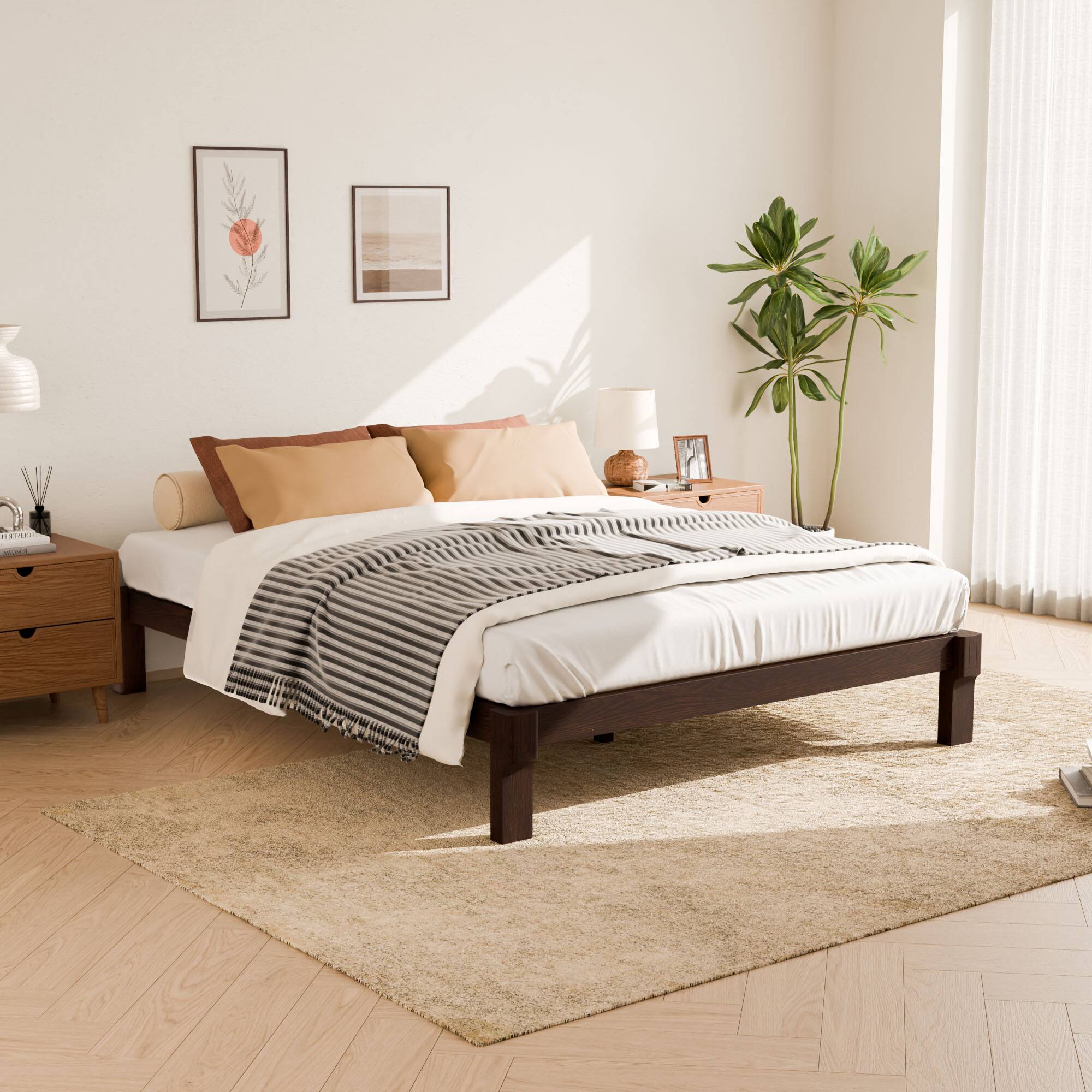Angle. FlexiSpot - Kana Japanese Joinery Solid Wood Platform Bed Frame - Dark Walnut.