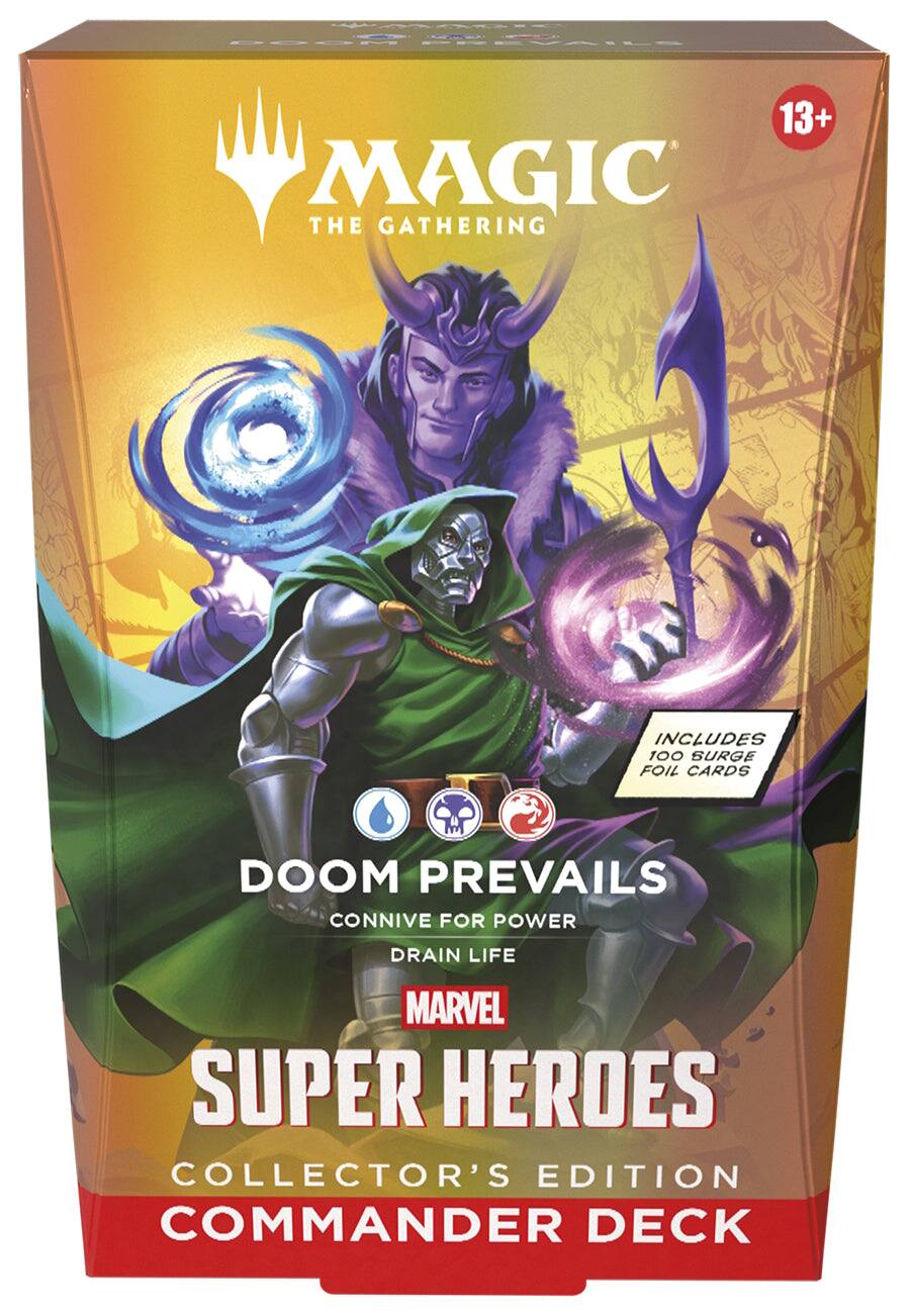 2CON PREVAILS 13+ MAGIC THE GATHERING INCLUDES 100 SURGE FOIL CARDS DOOM PREVAILS CONNIVE FOR POWER DRAIN LIFE MARVEL SUPER HEROES COLLECTOR'S EDITION COMMANDER DECK
