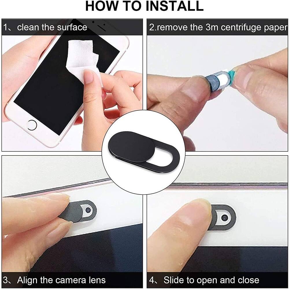Sure, here is the corrected and grouped text:

---

**HOW TO INSTALL**

1. Clean the surface

2. Remove the 3M centrifuge paper

3. Align the camera lens

4. Slide to open and close

---