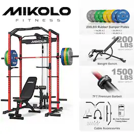 Mikolo - Multi-Functional Squat Rack with LAT Pulldown System Exercise Power Cages,Metal - Red