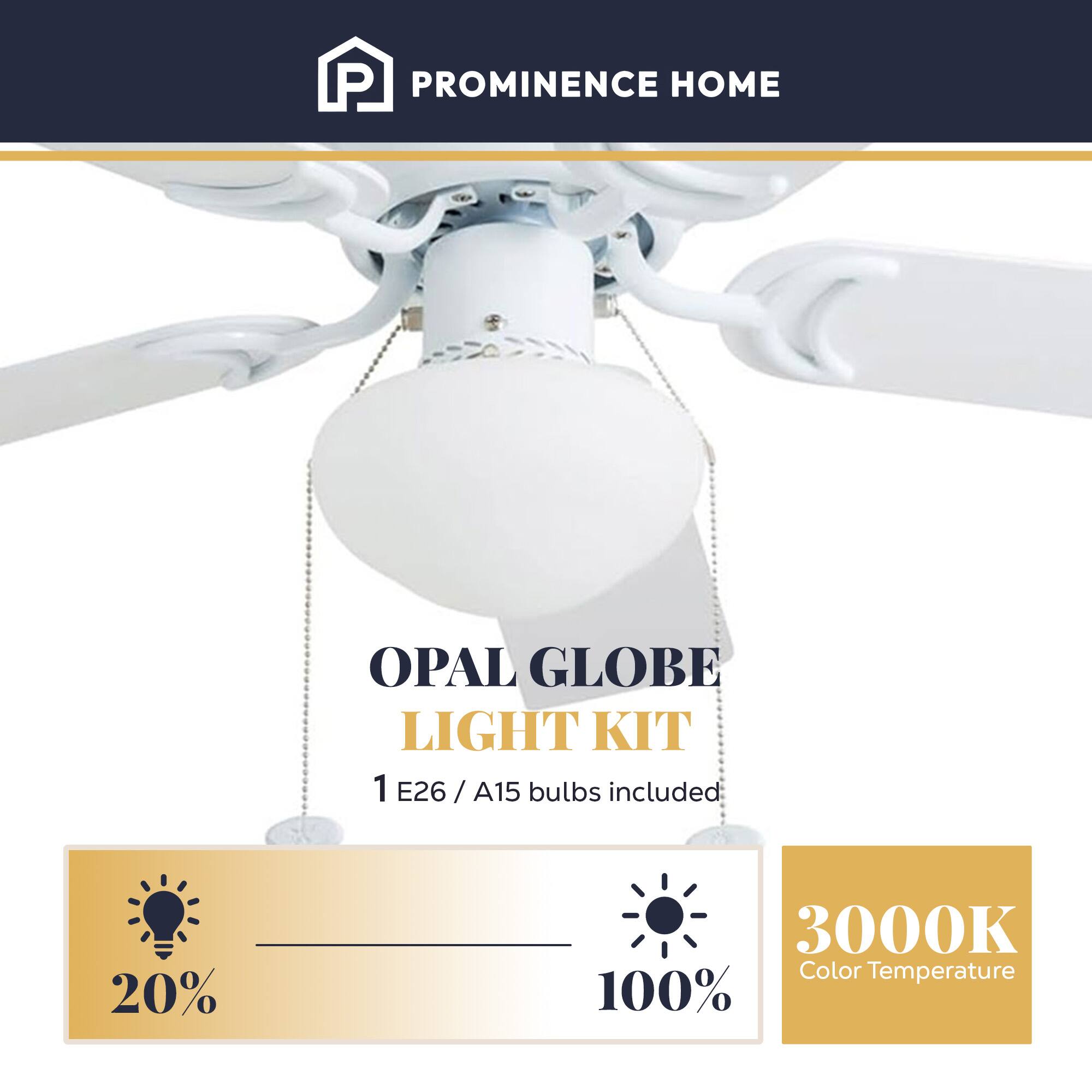 PROMINENCE HOME OPAL GLOBE LIGHT KIT  
1 E26 / A15 bulbs included  
20%  
3000K Color Temperature  
100%