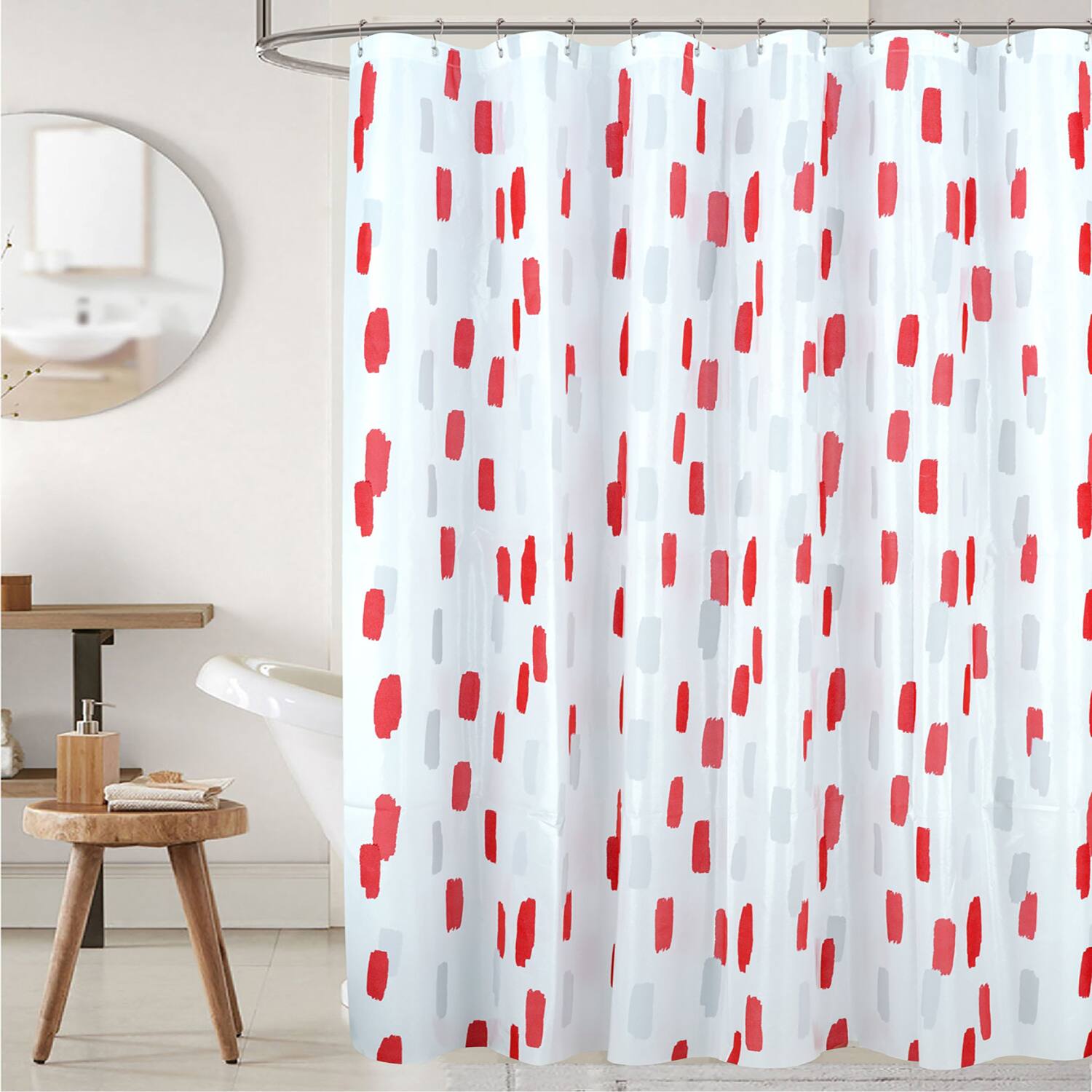 Left. RT Designers Collection - RT Designers Collection 90 GSM Printed Peva Glit Brush Stroke Shower Curtain 70" x 72" Red - Red.