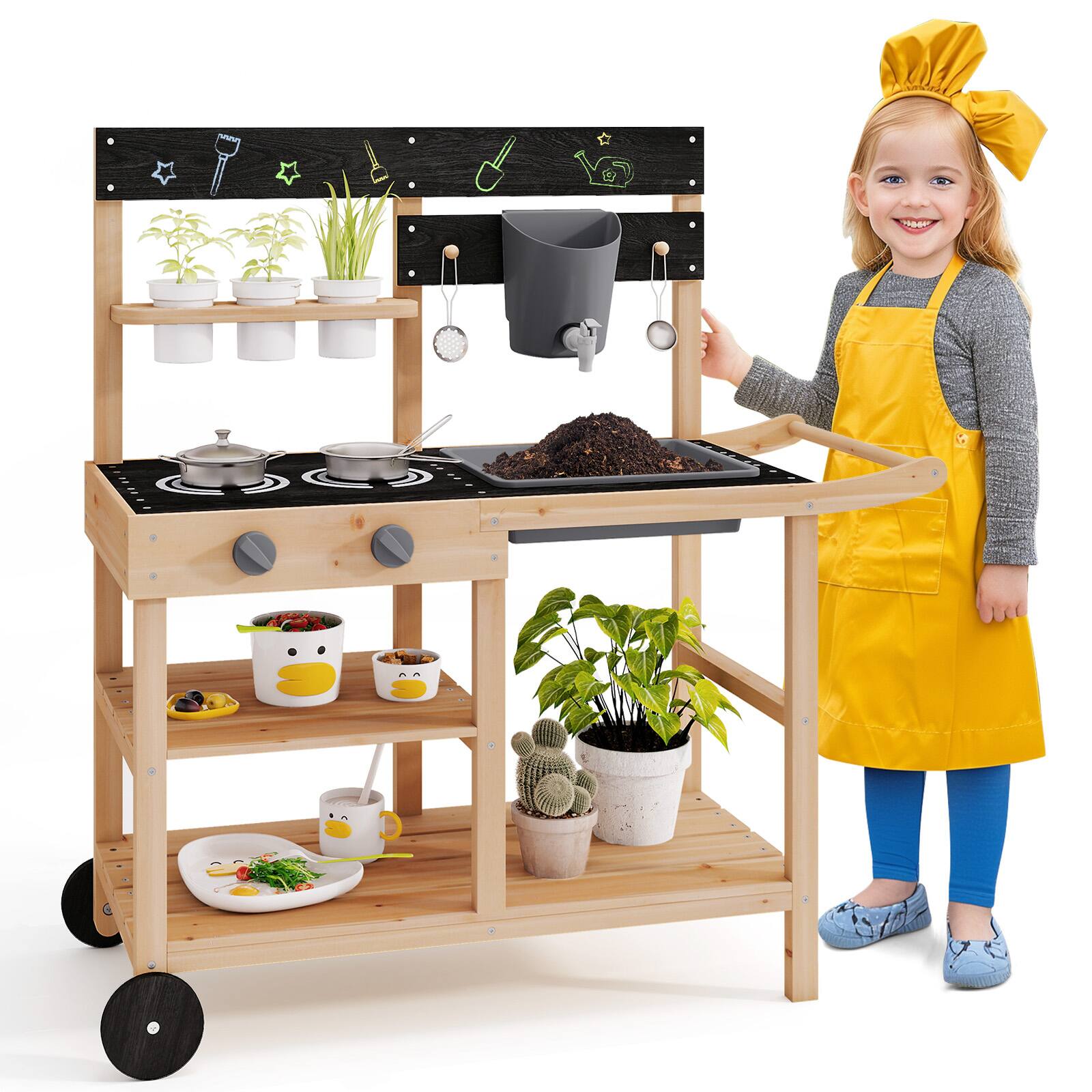 Front. Gymax - Gymax Mud Kitchen w/ Wheels Outdoor Fir Wood Play Kitchen w/ Blackboard,Planting Pots - Mix Gray.
