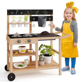 Gymax - Mud Kitchen w/ Wheels Outdoor Fir Wood Play Kitchen w/ Blackboard,Planting Pots - Mix Gray