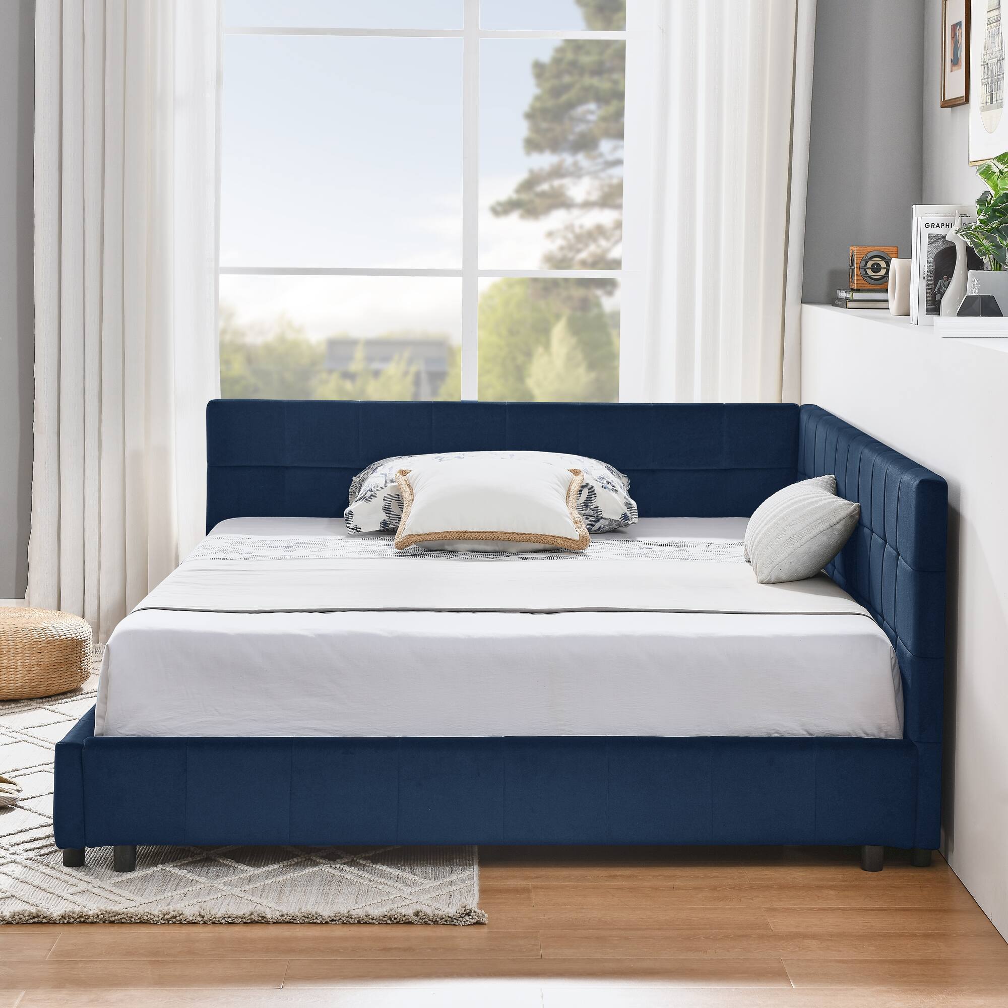 Left. Anysun - Full Velvet Tufted Sofa Bed Frame - with Comfortable Backrest & Armrests for Bedroom or Living Room - Blue.