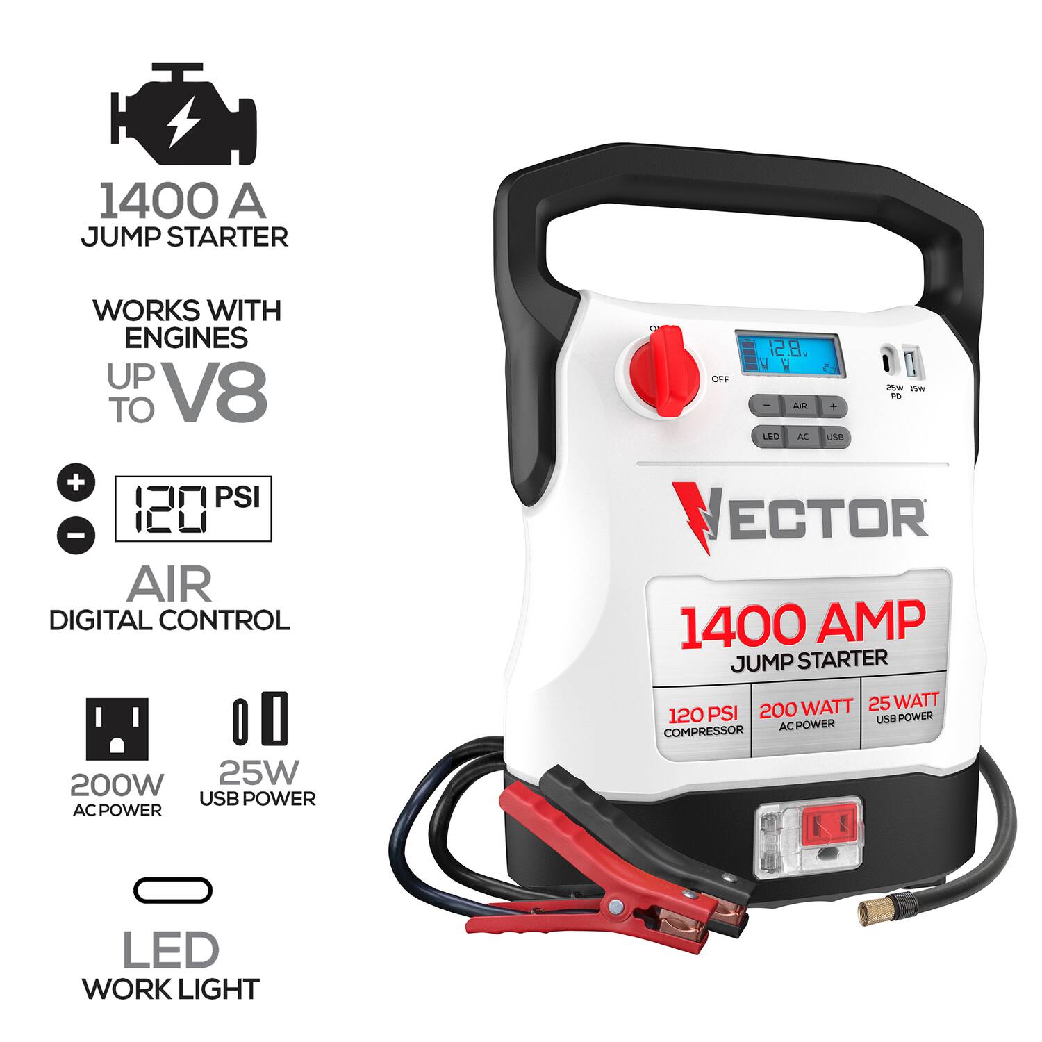 1400 A JUMP STARTER WORKS WITH ENGINES UP TO V8

- 120 PSI AIR DIGITAL CONTROL
- 1400 AMP JUMP STARTER
- 200W AC POWER
- 25W USB POWER
- LED WORK LIGHT