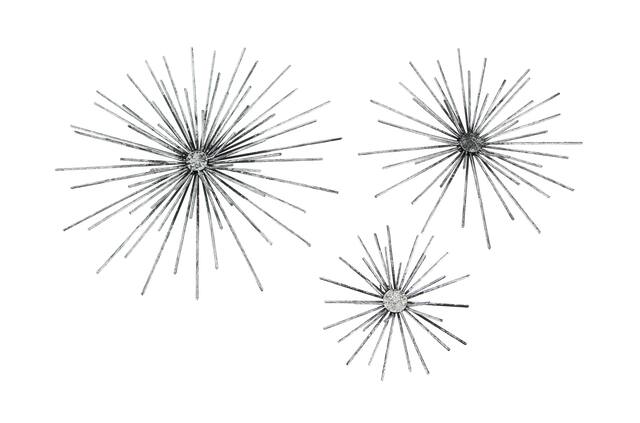 Front. Zeckos - Aged Silver Finish Mid-Century Modern Atomic Star Burst Wall Sculptures Set of 3 - Silver.