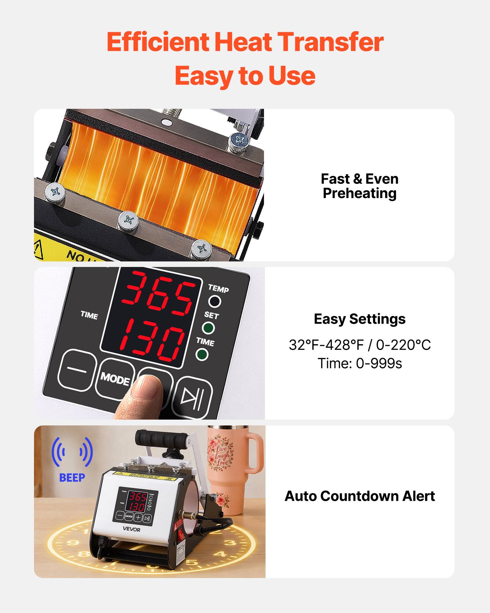 Efficient Heat Transfer  
Easy to Use

Fast & Even Preheating

NO 365 TEMP TIME SET 130 TIME MODE DII

Easy Settings  
32°F-428°F / 0-220°C  
Time: 0-999s

BEEP 1

365 130 tosoto - + DI VEVOR

Auto Countdown Alert  
9 8 -  
7  
5  
3 4