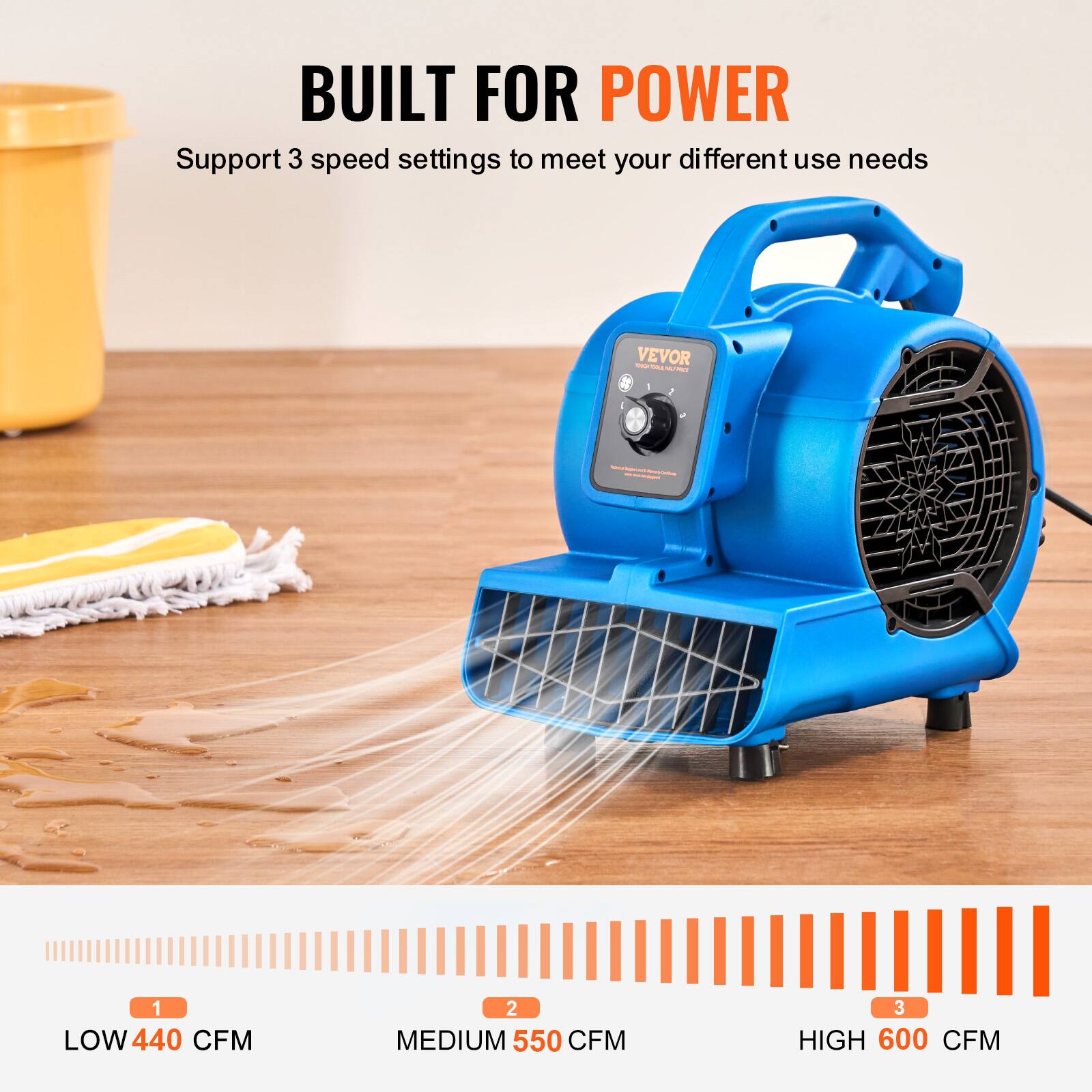 BUILT FOR POWER
Support 3 speed settings to meet your different use needs
VEVOR
1: LOW 440 CFM
2: MEDIUM 550 CFM
3: HIGH 600 CFM