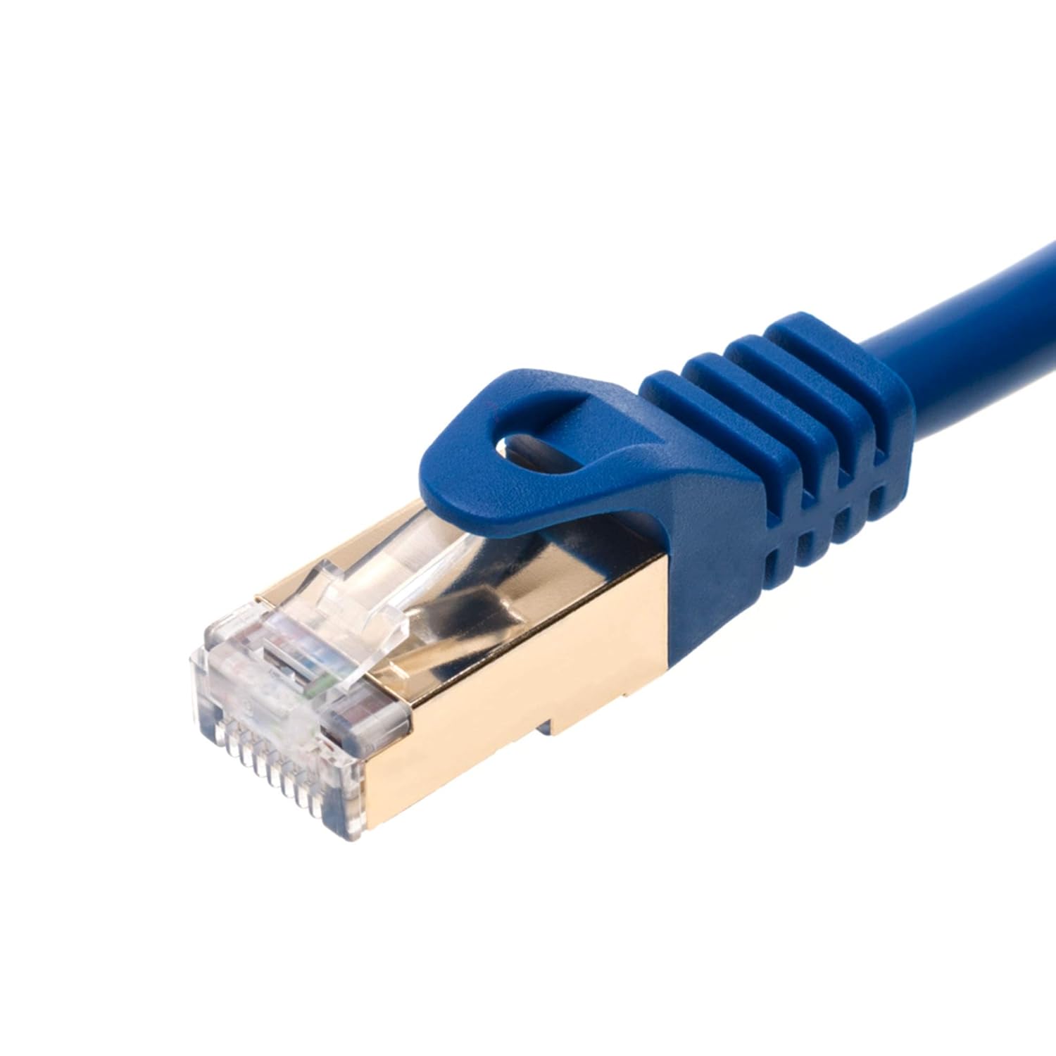 Left. Cables Direct Online - Cat7 S/FTP Copper Ethernet Cable 10Gbps 600MHz Shielded RJ45 LAN Patch Cord for Gaming, Streaming & Networking, 25ft - Blue.