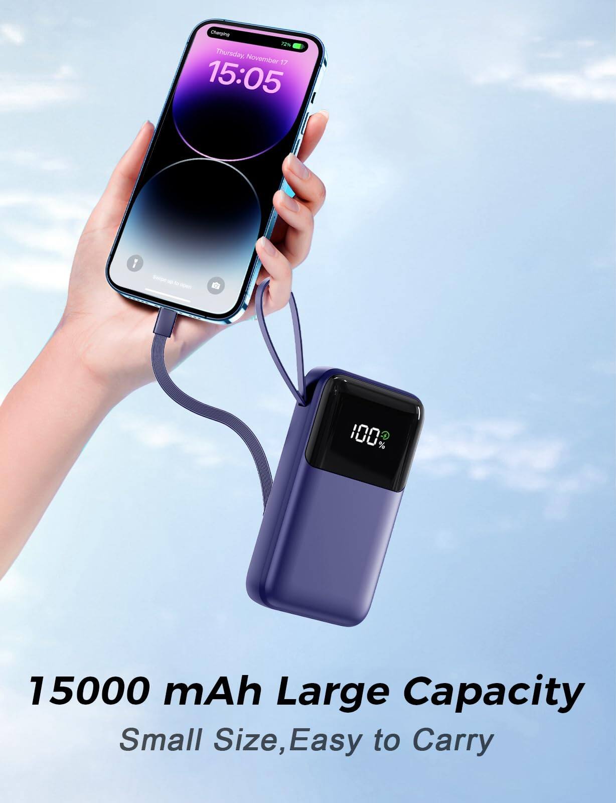 Charging 12% Thursday, November 17 15:05  
15000 mAh Large Capacity  
Small Size, Easy to Carry