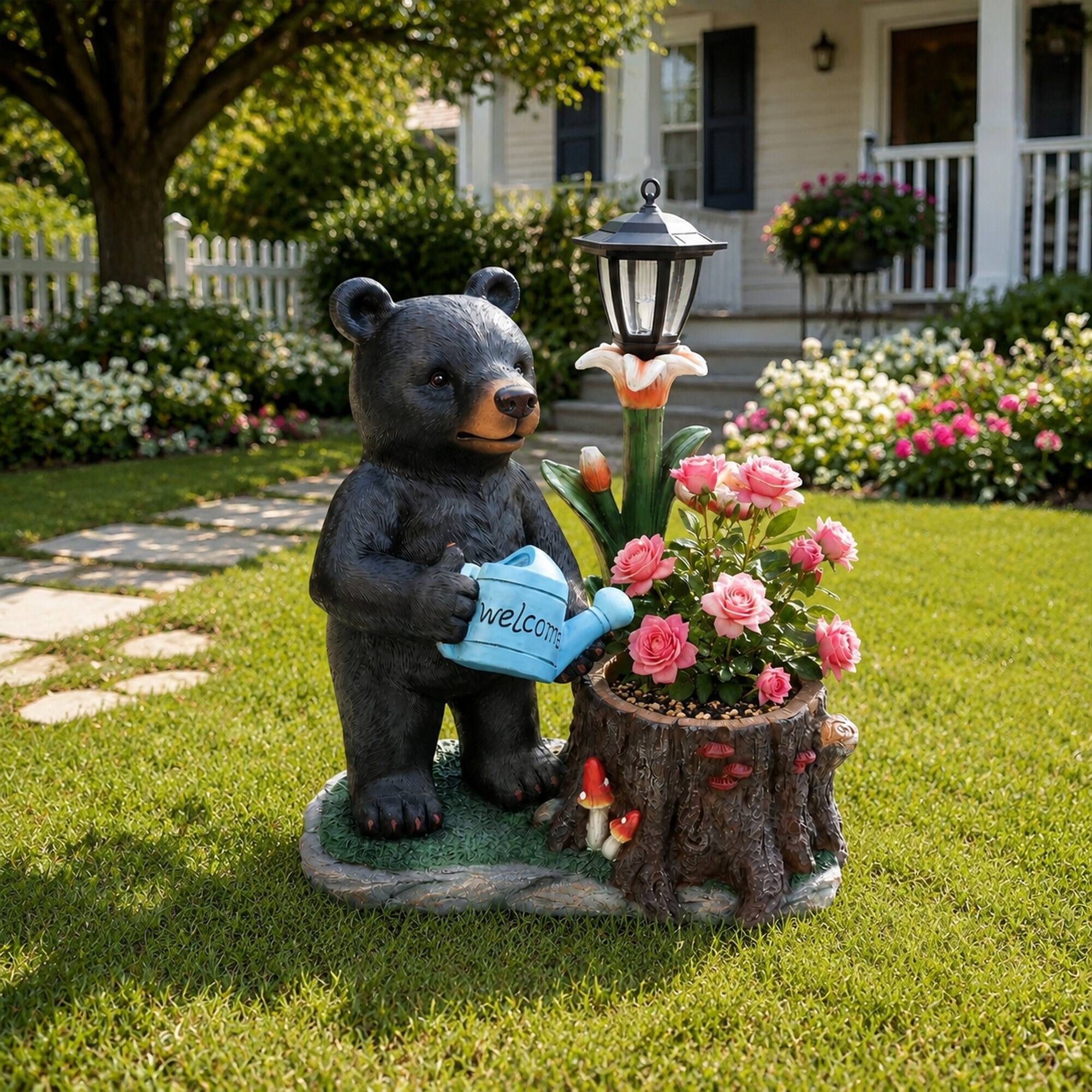 Alt View 1. RYHNUYNE - Whimsical Polyresin Black Bear Garden Planter with Solar Lantern and Flower Bird Feeder for Porch Patio and Cabin - Black.