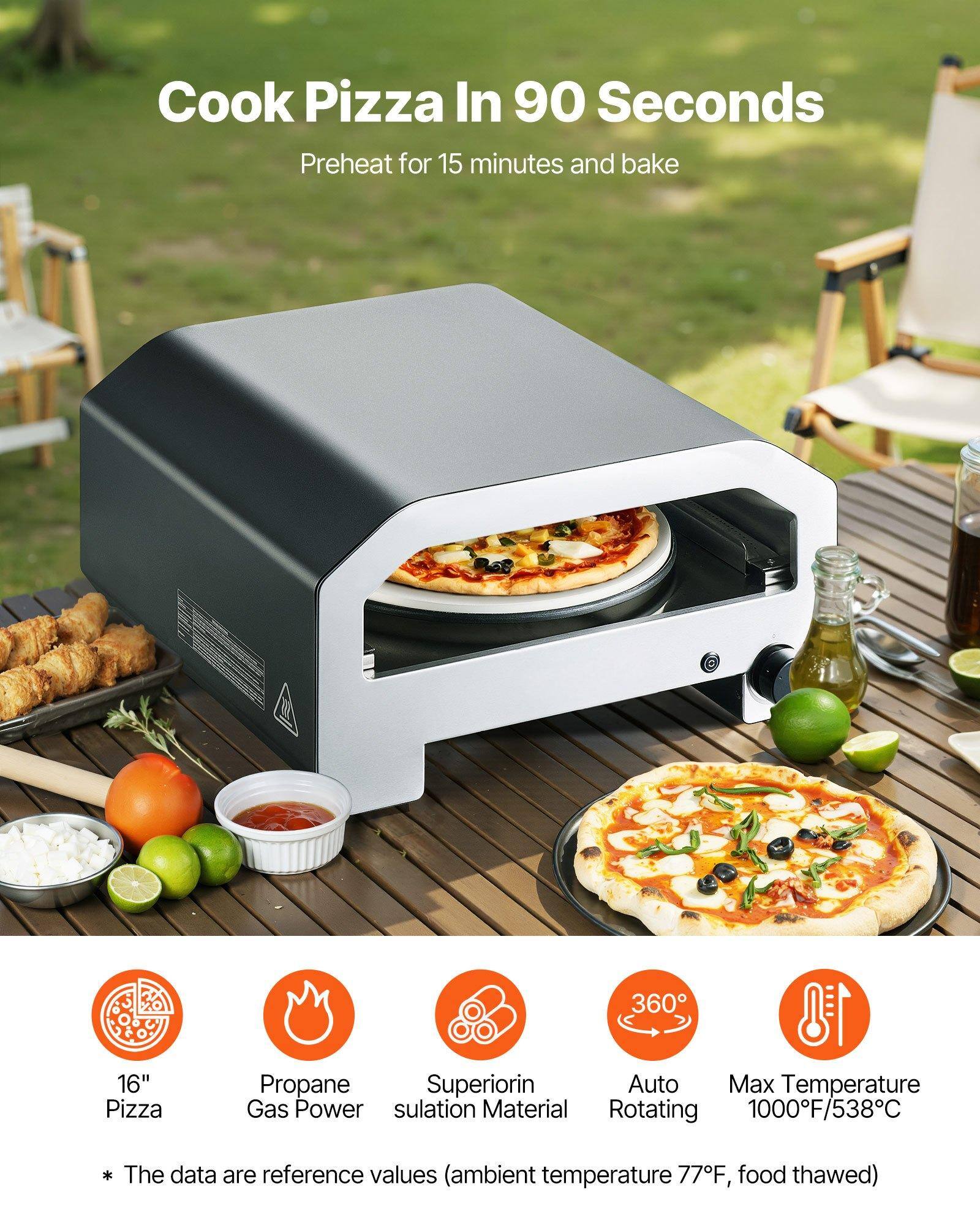 Cook Pizza In 90 Seconds  
Preheat for 15 minutes and bake  

16" Pizza  
Propane Gas Power  
Superior Insulation Material  
Auto Rotating  
Max Temperature 1000°F/538°C  

* The data are reference values (ambient temperature 77°F, food thawed)