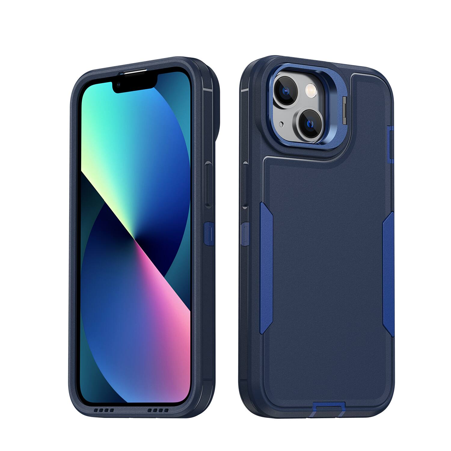 Angle. Dteck - For Apple iPhone 17e/16e/14/13 Rugged Case, Heavy Duty Dual Layer Shockproof Lens Kickstand Drop Protection Cover - Blue.