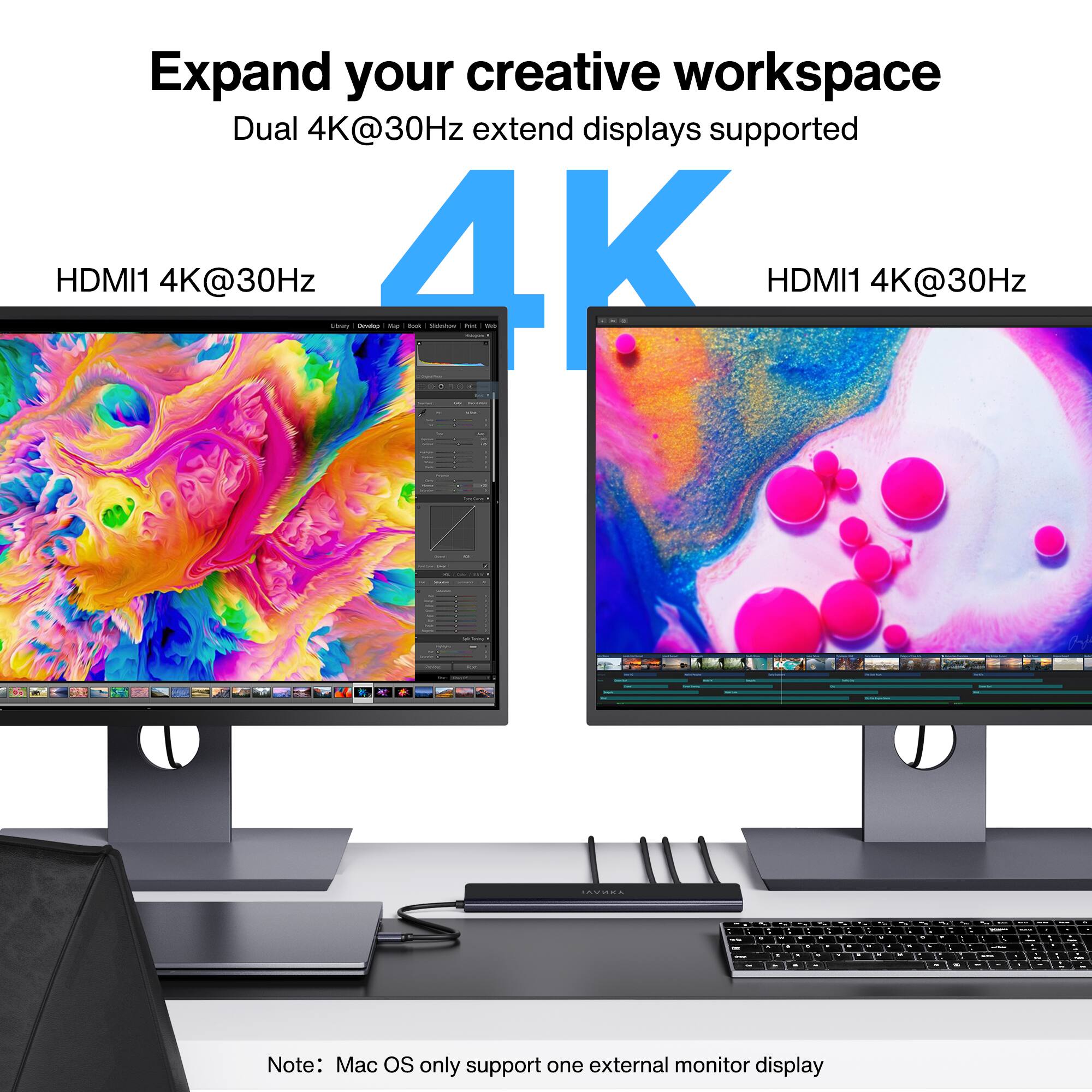 Expand your creative workspace  
Dual 4K@30Hz extend displays supported  

HDMI1 4K@30Hz  
HDMI1 4K@30Hz  

Note: Mac OS only support one external monitor display