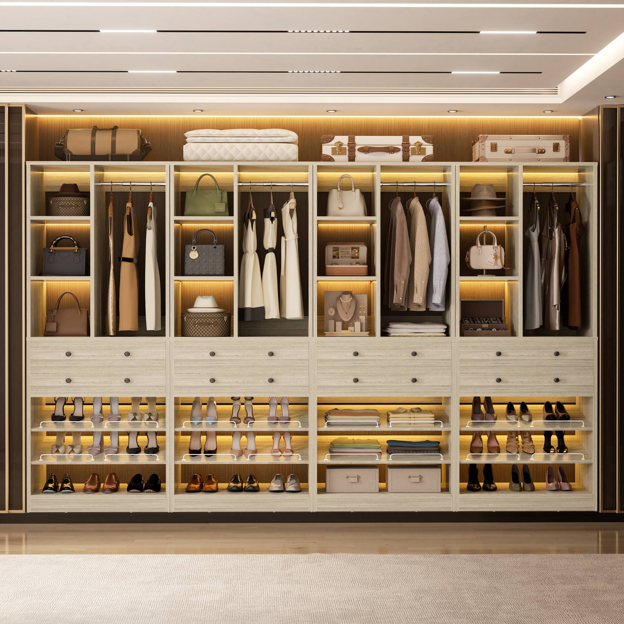 Front. Aheaplus - 111" Closet System: 8-Drawer & Shelf Organizer, Fits 10ft Walk-ins. Free Standing, 2400LB Capacity, 4-Pack - White Oak.