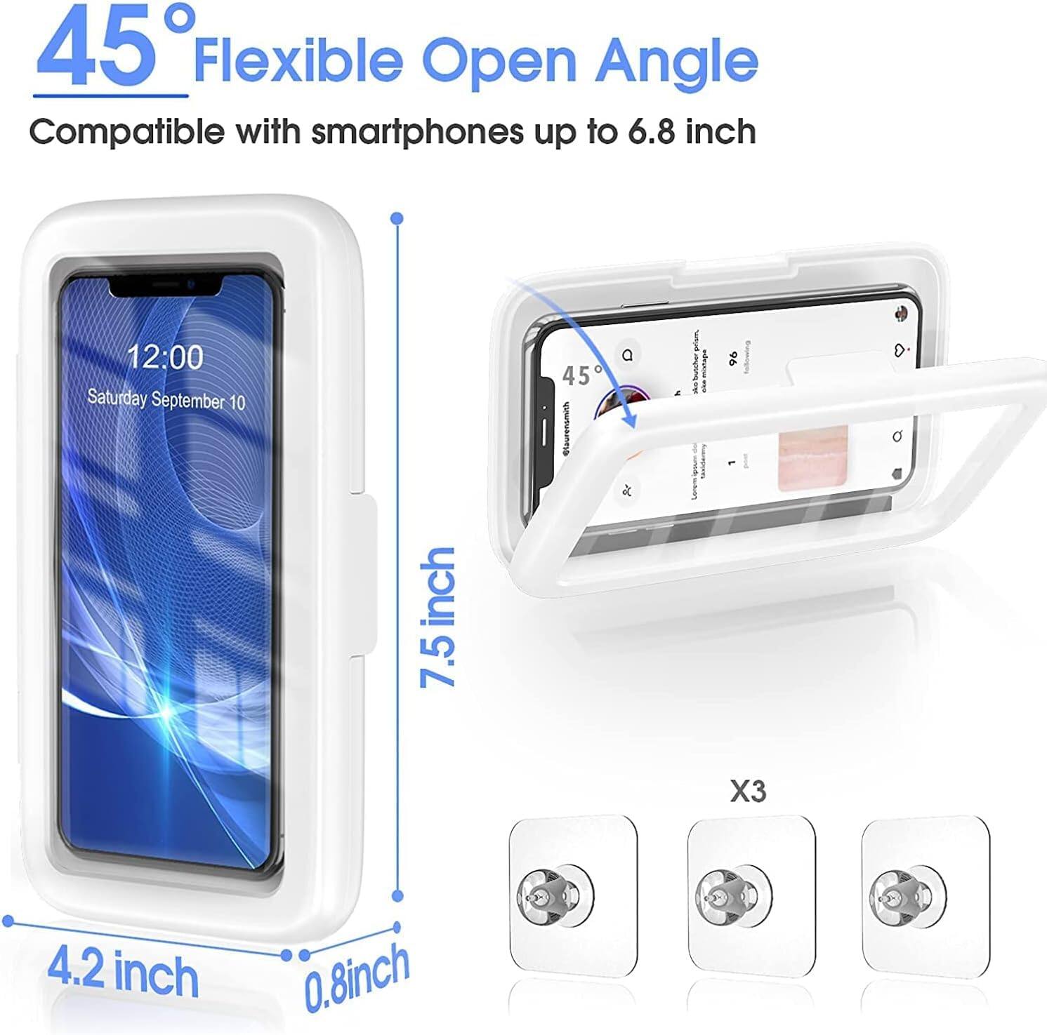 45° Flexible Open Angle  
Compatible with smartphones up to 6.8 inch  

12:00  
Saturday September 10  

7.5 inch  
4.2 inch  
0.8 inch  

X3