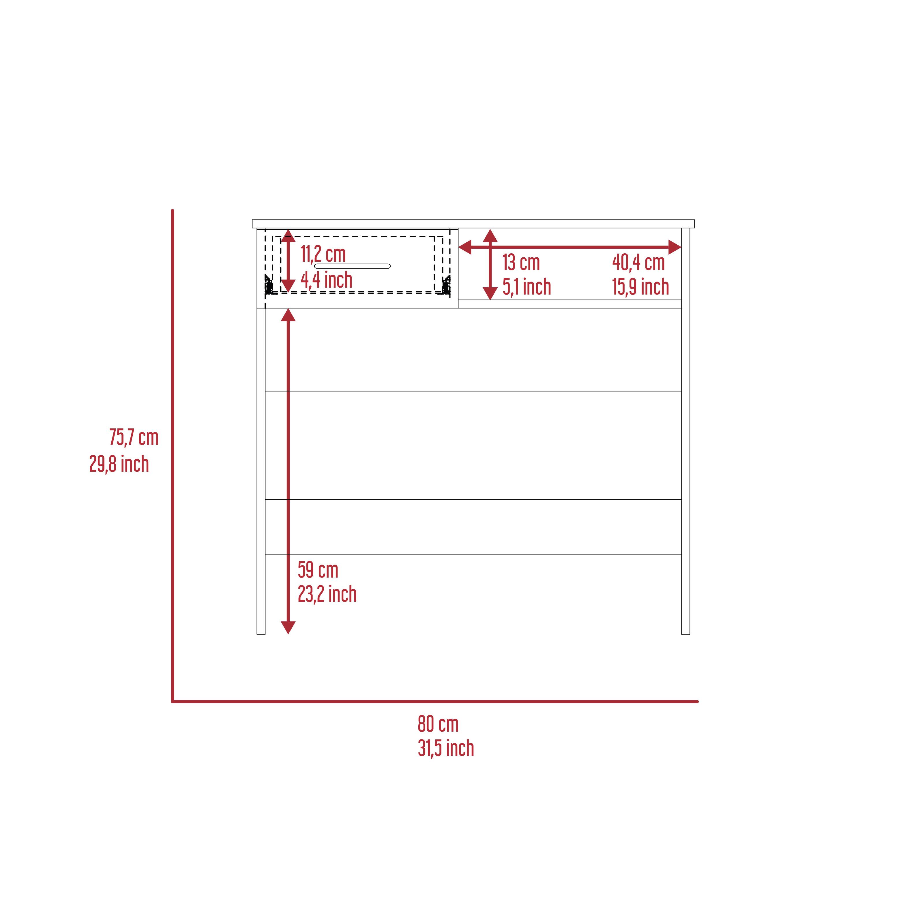 11,2 cm 4,4 inch  
13 cm 5,1 inch  
40,4 cm 15,9 inch  
75,7 cm 29,8 inch  
59 cm 23,2 inch  
80 cm 31,5 inch