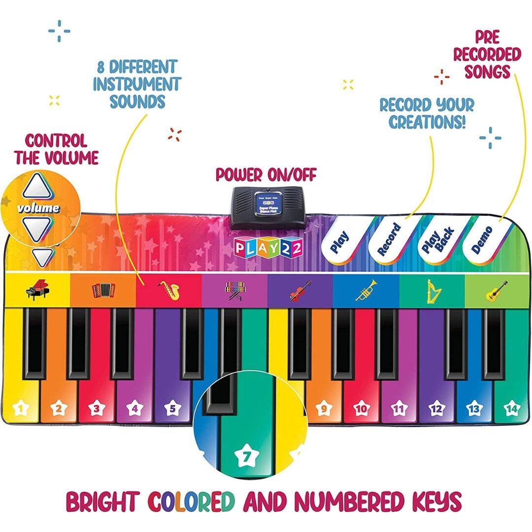 8 DIFFERENT INSTRUMENT SOUNDS

CONTROL THE VOLUME

POWER ON/OFF

PRE RECORDED SONGS

RECORD YOUR CREATIONS!

BRIGHT COLORED AND NUMBERED KEYS