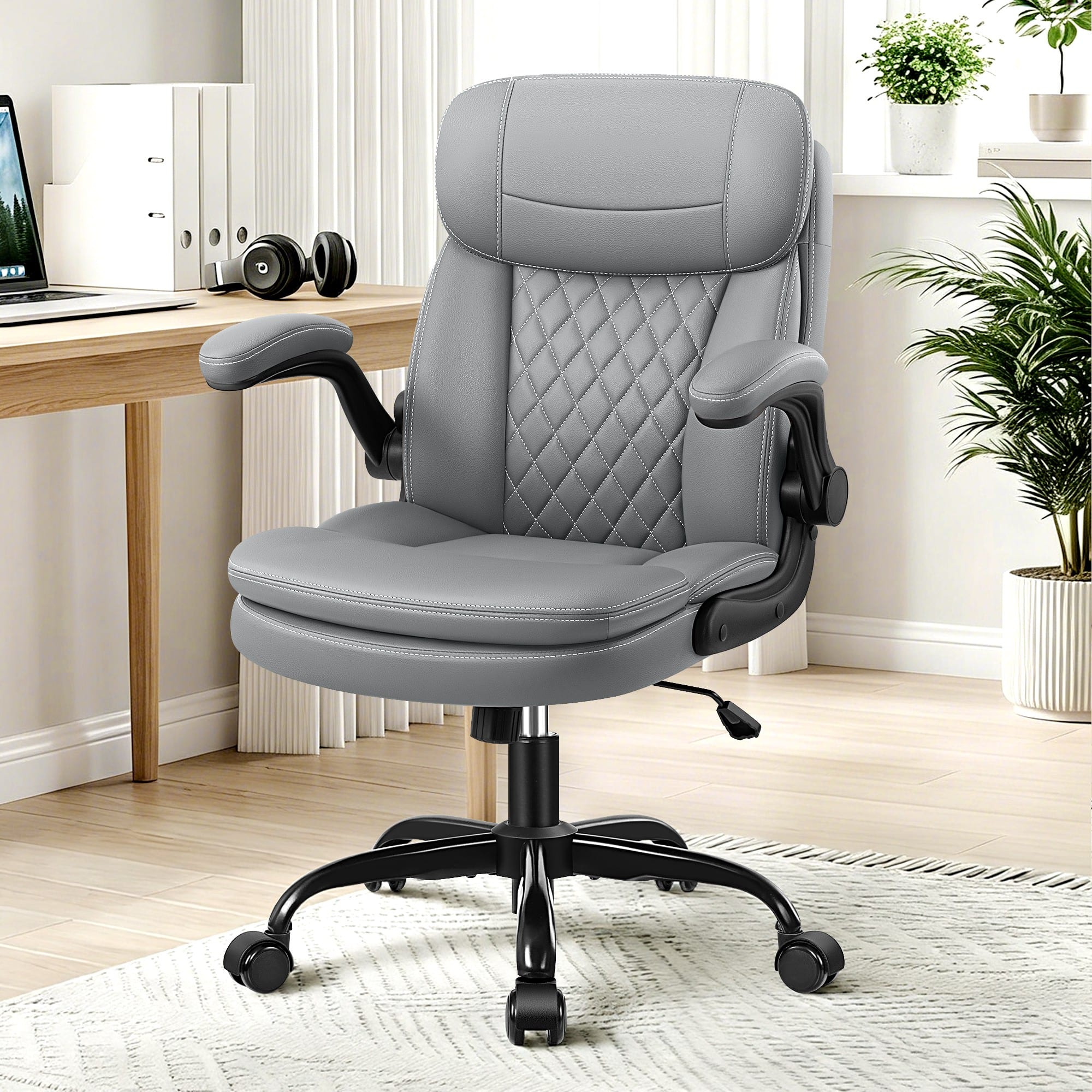 KERDOM - Computer Desk Chair with Double-Layer Seat Cushion & Neckrest, PU Leather Small Ergonomic Office Chair with Filp-up Arms - Gray