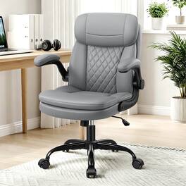 KERDOM - Computer Desk Chair with Double-Layer Seat Cushion & Neckrest, PU Leather Small Ergonomic Office Chair with Filp-up Arms - Gray