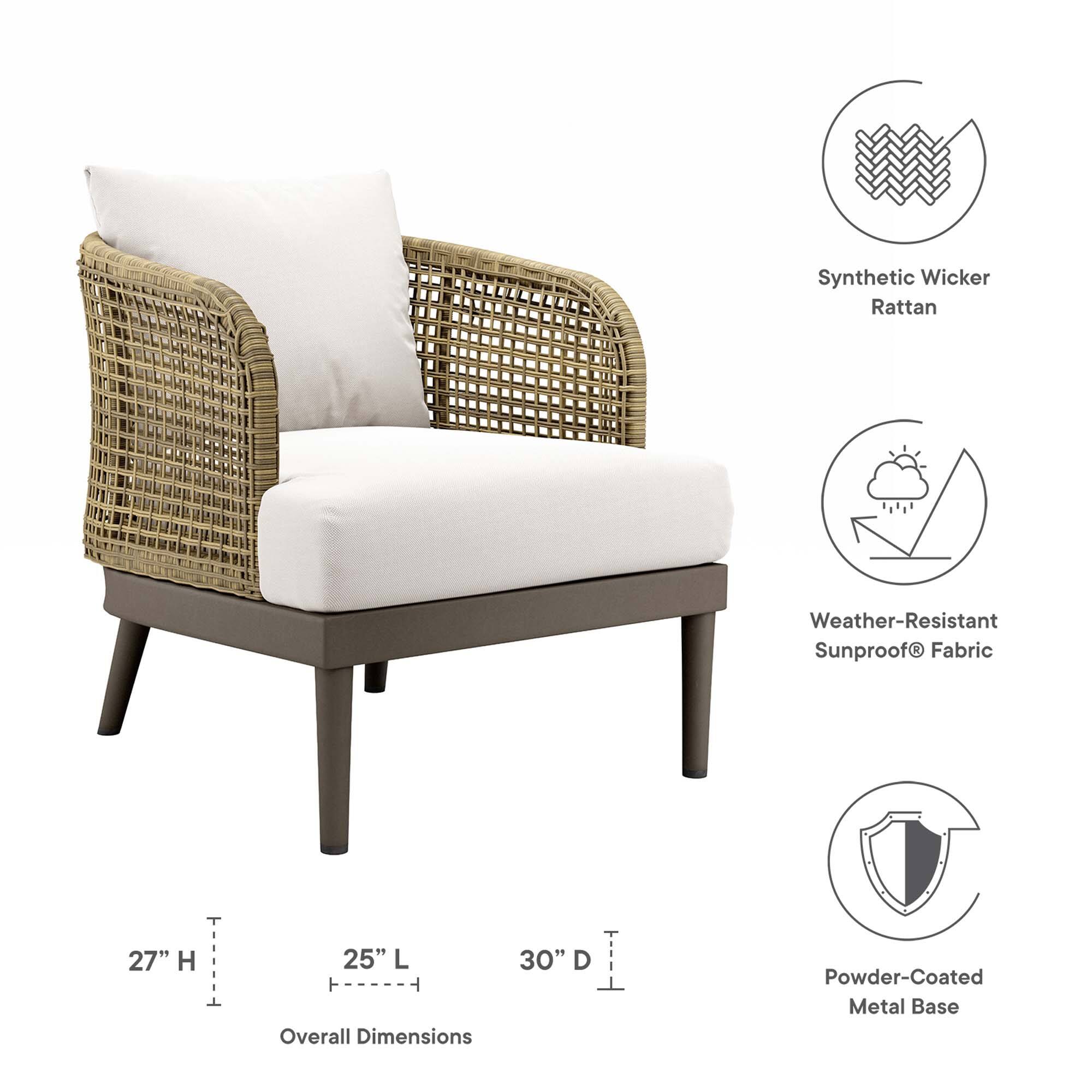 Synthetic Wicker Rattan  
Weather-Resistant Sunproof® Fabric  
Powder-Coated Metal Base  

Overall Dimensions:  
27" H x 25" L x 30" D