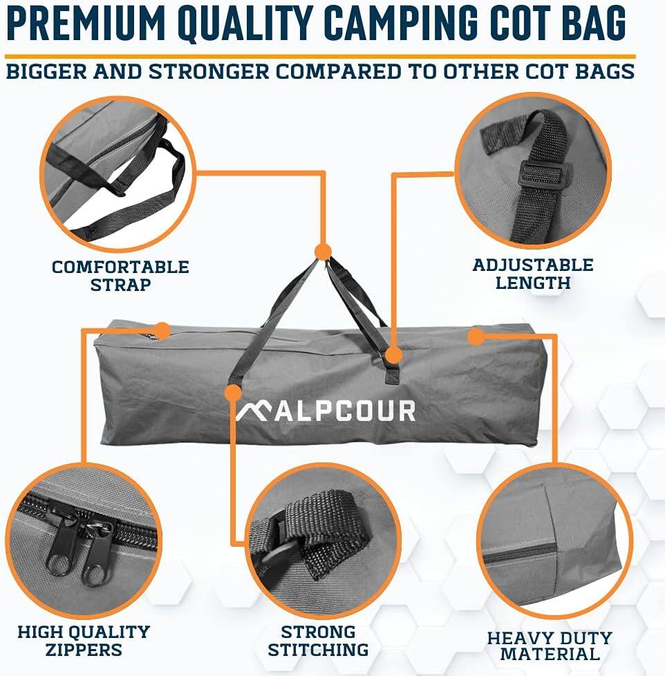 PREMIUM QUALITY CAMPING COT BAG

- BIGGER AND STRONGER COMPARED TO OTHER COT BAGS
- COMFORTABLE STRAP
- ADJUSTABLE LENGTH
- HIGH QUALITY ZIPPERS
- STRONG STITCHING
- HEAVY DUTY MATERIAL