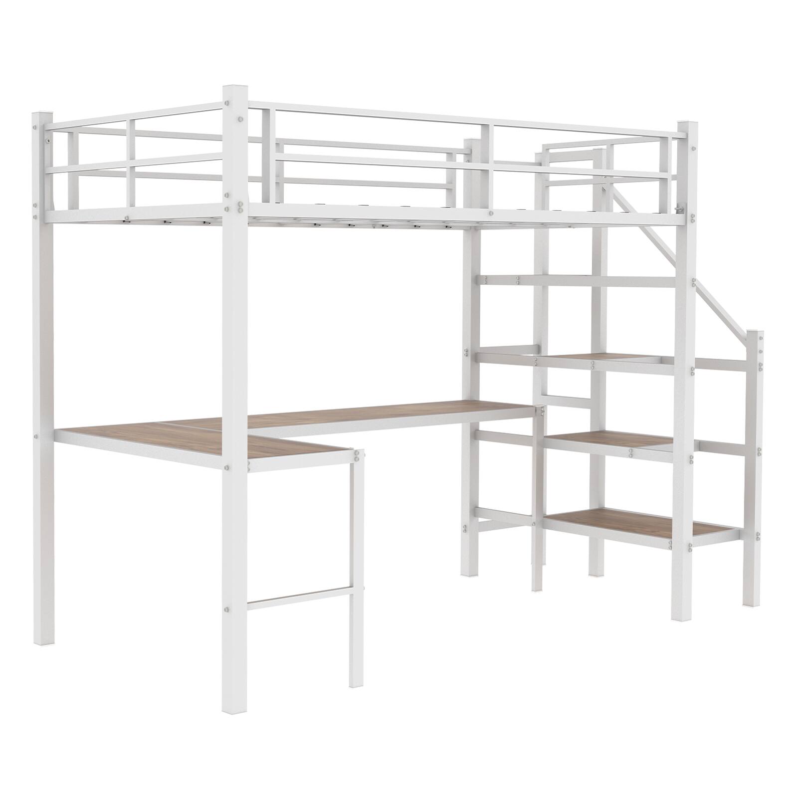 Alt View 10. Loheer - Loheer Twin Size White Iron and Wood Loft Bed with Built In Desk Space Saving Compact Frame - White.