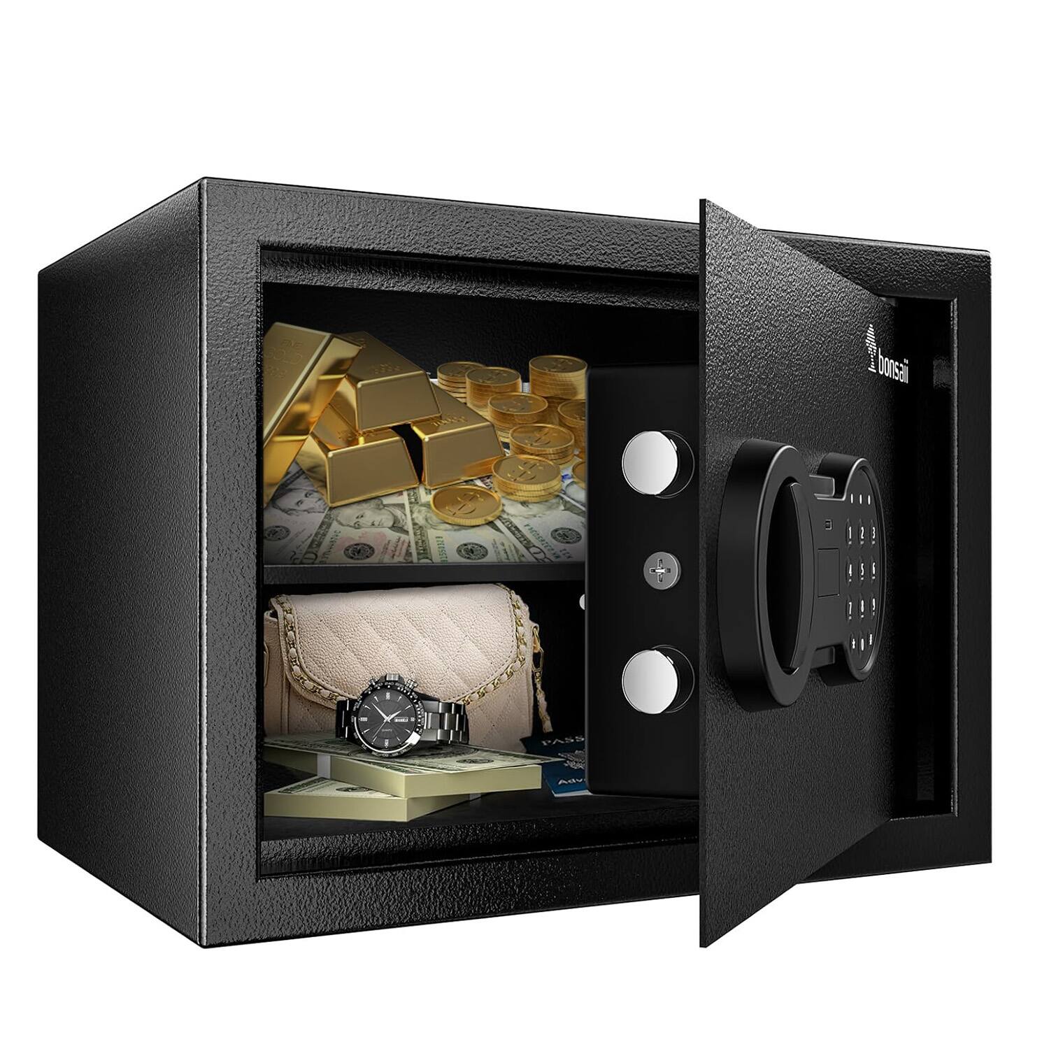 Bonsaii - 0.6 Cubic Foot Safe Box - Electronic Keypad, Removable Shelf - Ideal for Home, Hotel, or Business to Secure Jewelry - Black