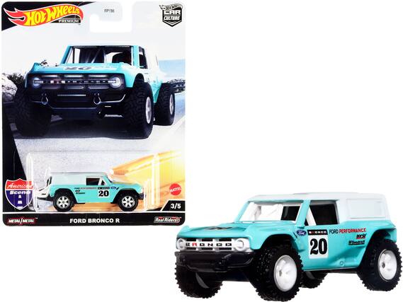 Hot Wheels Premium
FPY86
Hot Wheels Car Culture
America Scene
FORO EUAR
1 i - 20
MATTEL 3/5
METAL METAL METAL METAL
FORD BRONCO R
Real Riders
THONDO
11
Jod
BHONCO
FORD PERFORMANCE