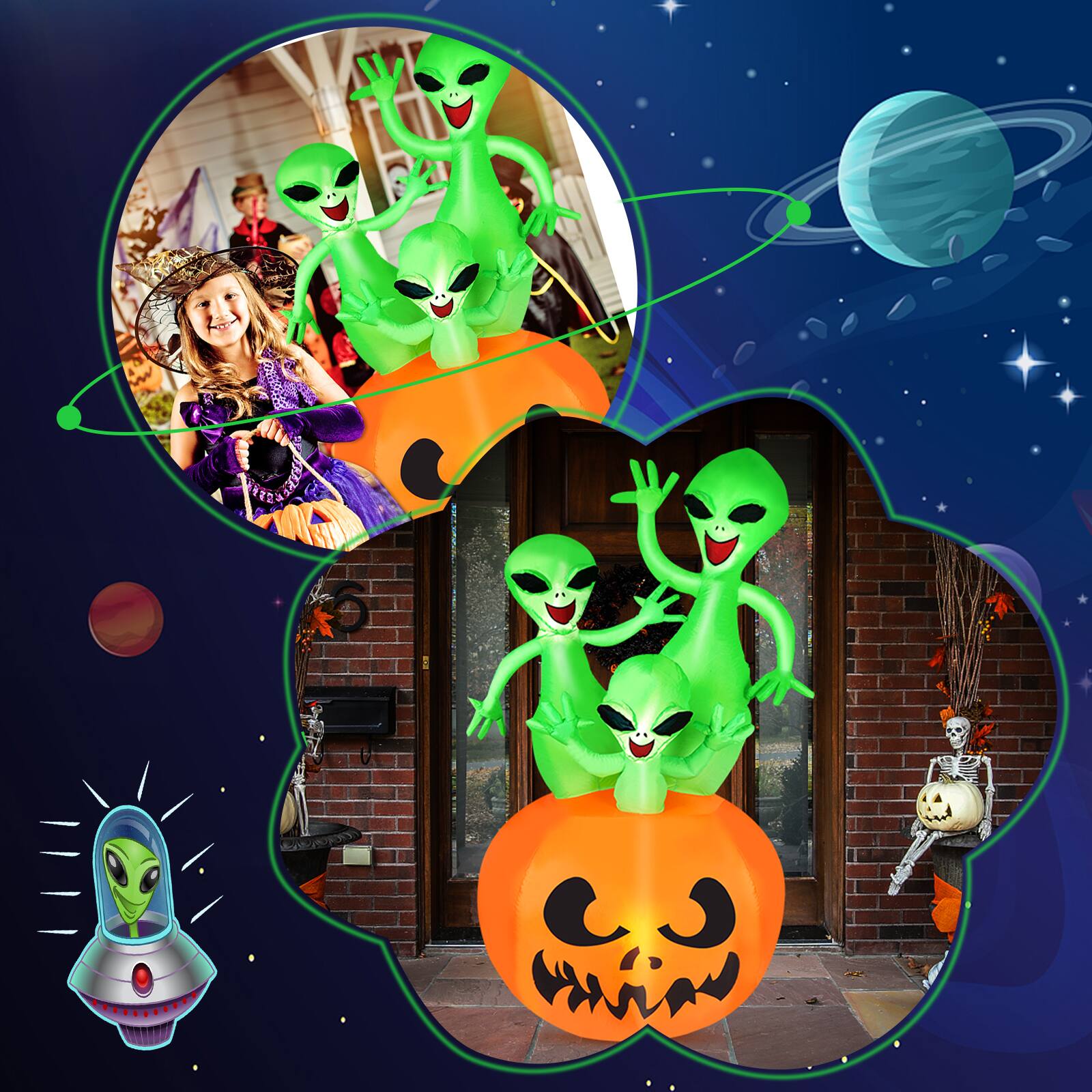 Alt View 5. CAMULAND - 6FT Halloween Inflatable Pumpkin Alien Blow Up Decor with Built-in LED Lights - Orange Green.
