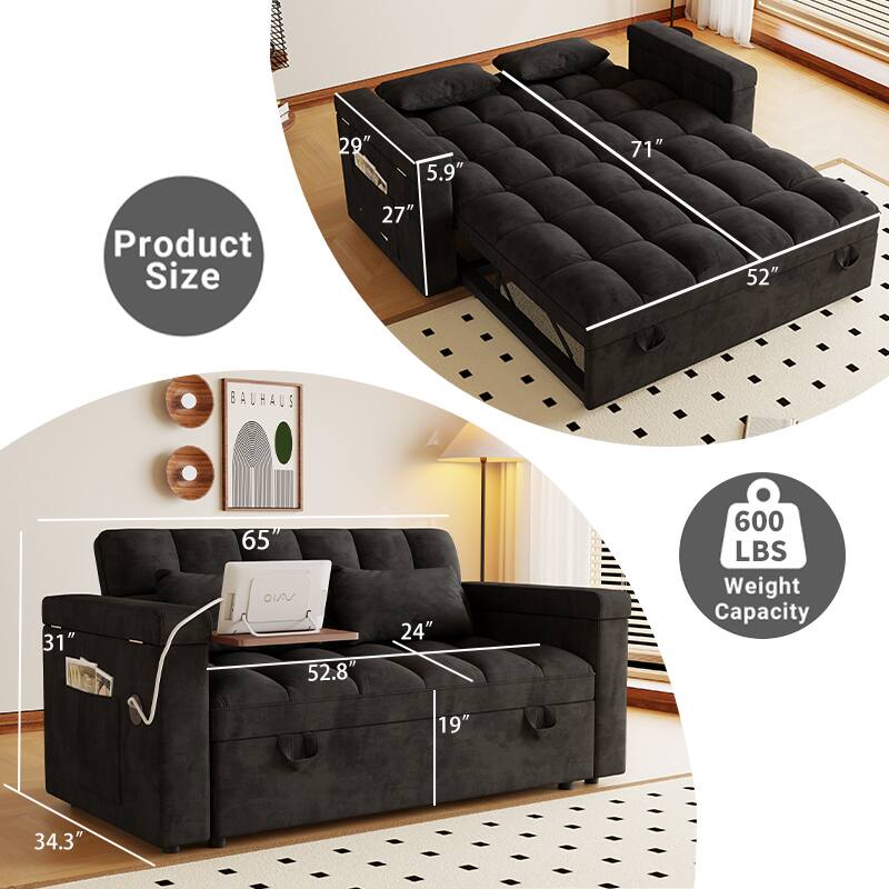 Product Size:  
- 29"  
- 5.9"  
- 71"  
- 27"  
- 52"  

Weight Capacity: 600 LBS  

Dimensions:  
- 65"  
- 31"  
- 52.8"  
- 24"  
- 19"  
- 34.3"