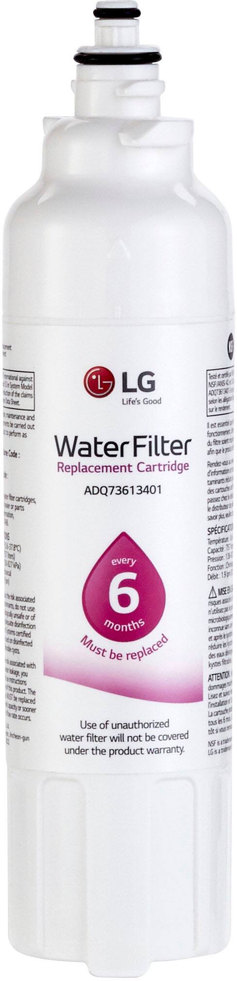 The text on the image reads: "Water Filter LG ADQ7361 3401 des carbidges, ps paS Sao  SPCIFOA Tempeatur Capact / every Pression Fonction Debe anocated NEE use 6 o of dsinfection months carifed i dircted Must rdure with be replaced kystes des I ATTENTO The 2 Lsez replaced 7 sooner La n Use of unauthorized t5  water filter will not be covered NSF I under the product warranty. LG."