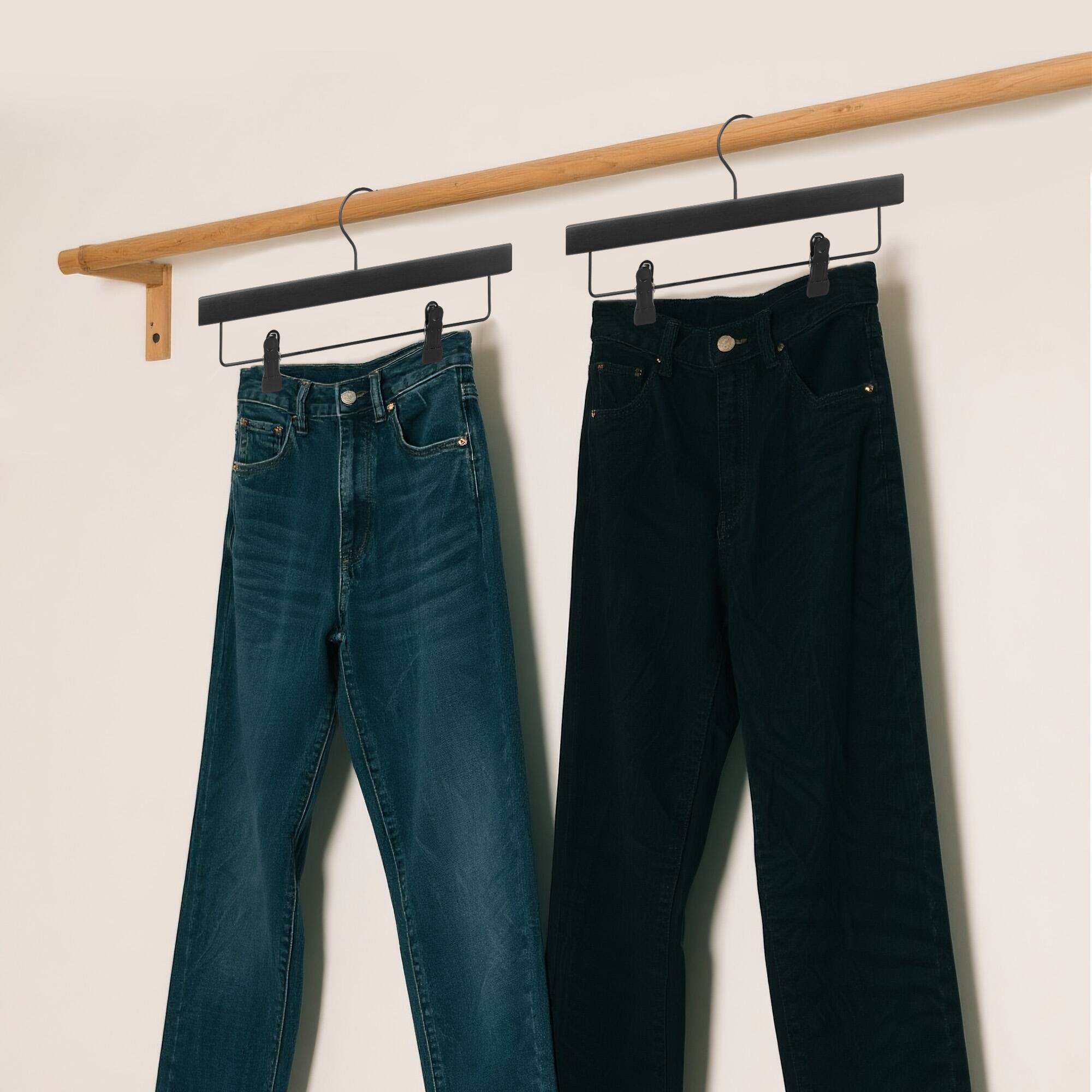 Alt View 2. BP4U - 24-Pack Wooden Adjustable Pants Hangers, Solid Wood Bottom Skirt/Trousers Hangers with Wrinkle-Free Design(Black) - Black.