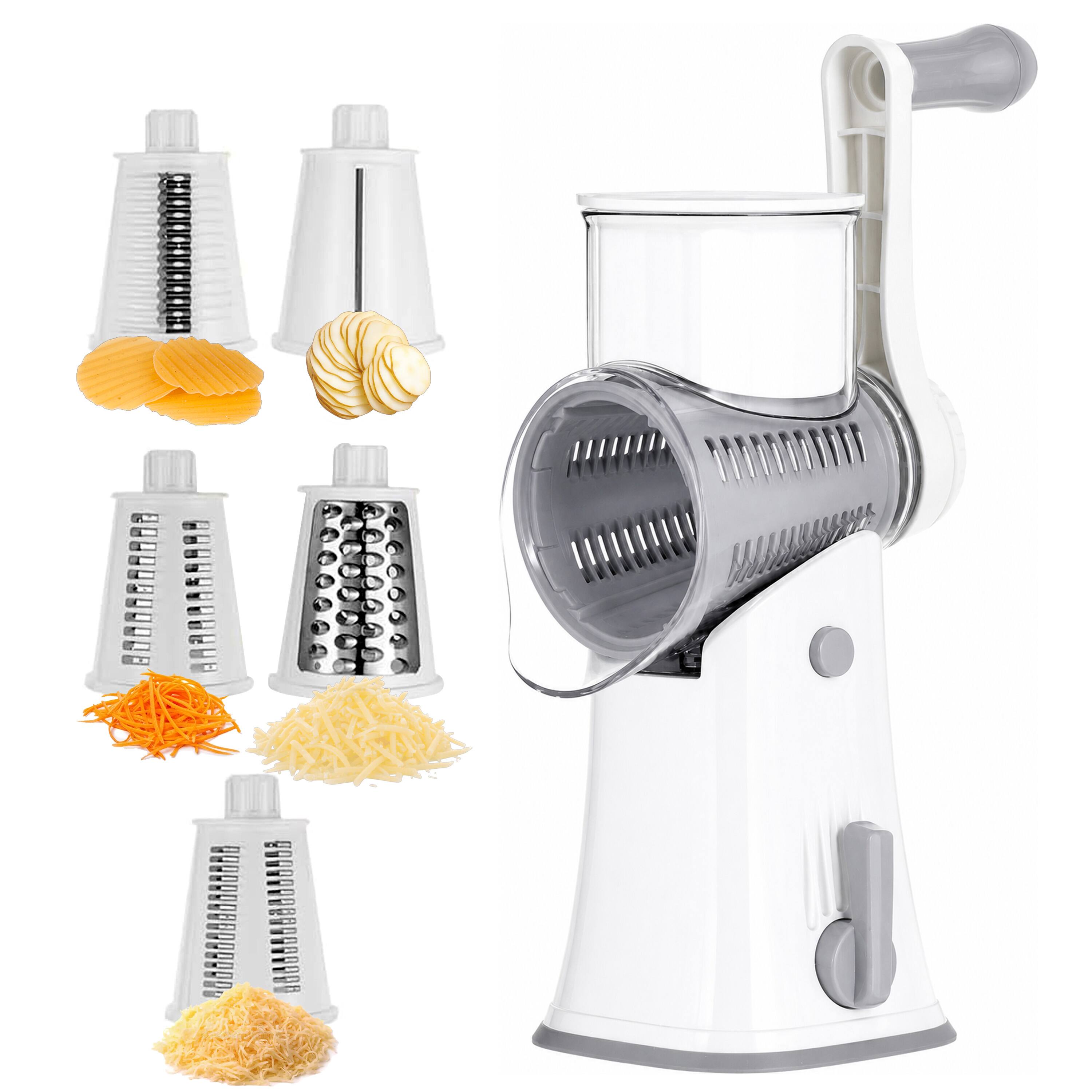 Front. Luminuxe - Rotary Cheese Grater with Handle, Manual Cheese Shredder Strong Suction Base, Mandoline Slicer - White.