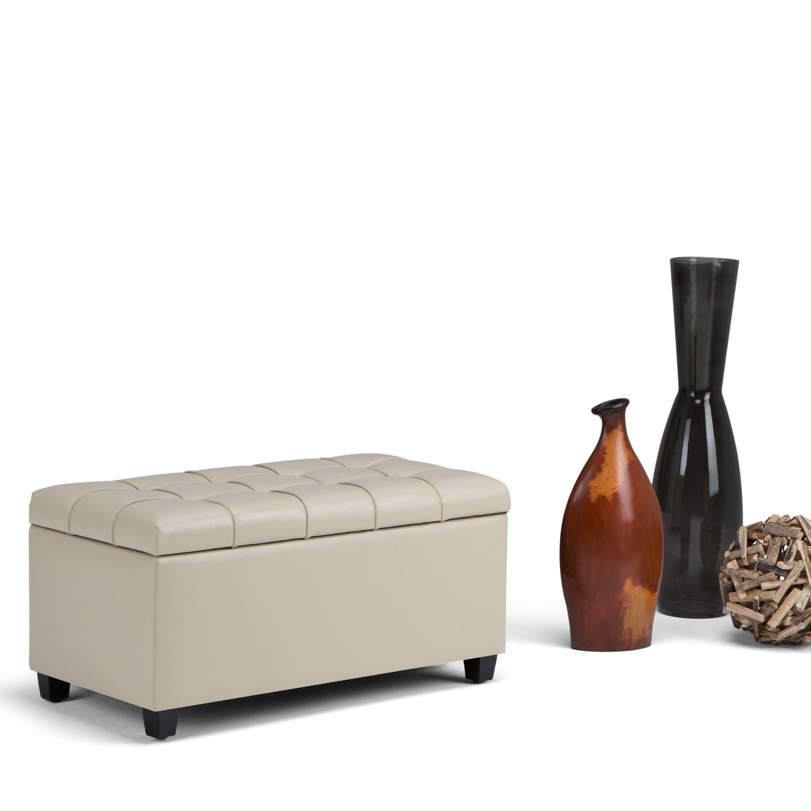Alt View 11. Simpli Home - Sienna 34 inch Wide Transitional Rectangle Storage Ottoman Bench in Satin Cream Faux Leather - Satin Cream.