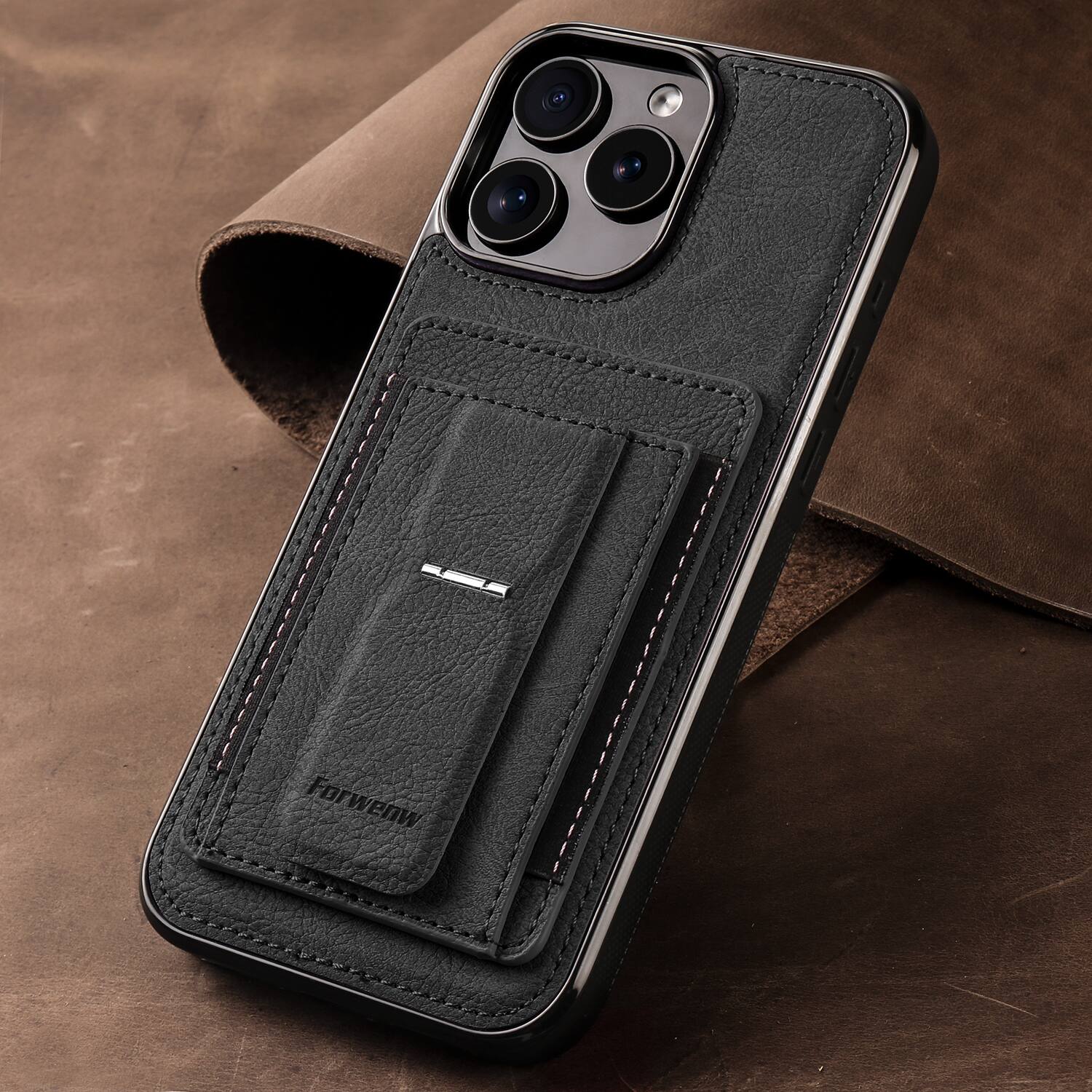 Alt View 3. Dteck - Slim Card Holder Case for Apple iPhone 16 Pro Max, Shockproof Wallet Protective Cover with Kickstand - Black.