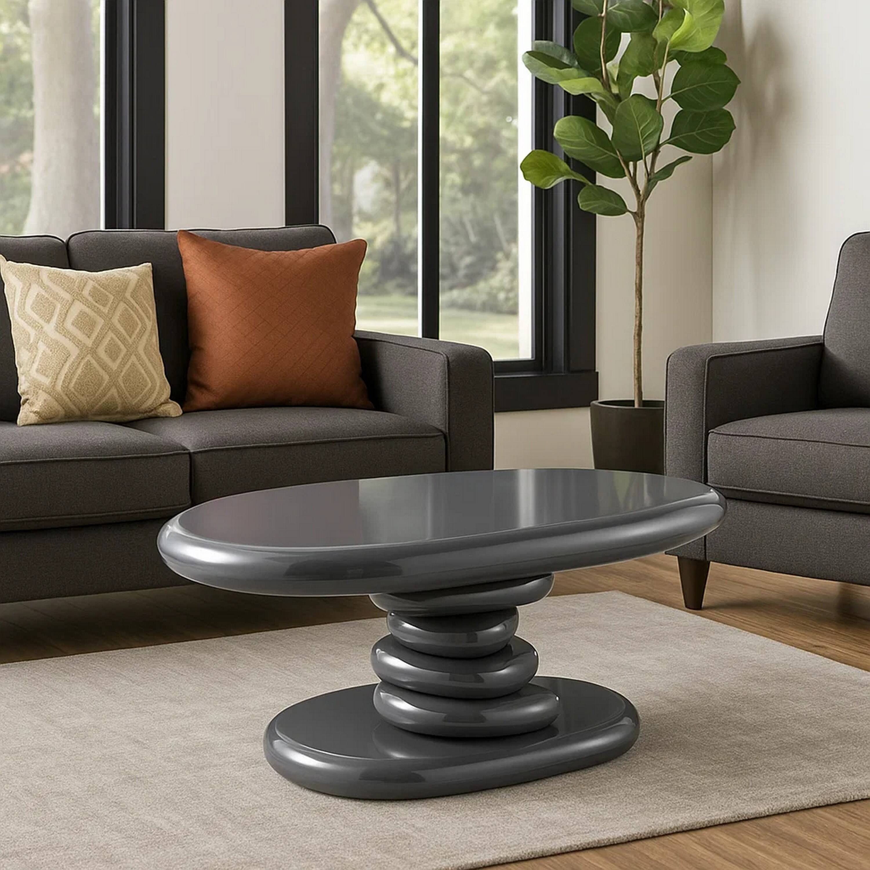 Alt View 5. Manhattan Lane - Fory End Table, 30 Inch Asymmetric Stacked Pebble Base, High Gloss Gray - Gray.