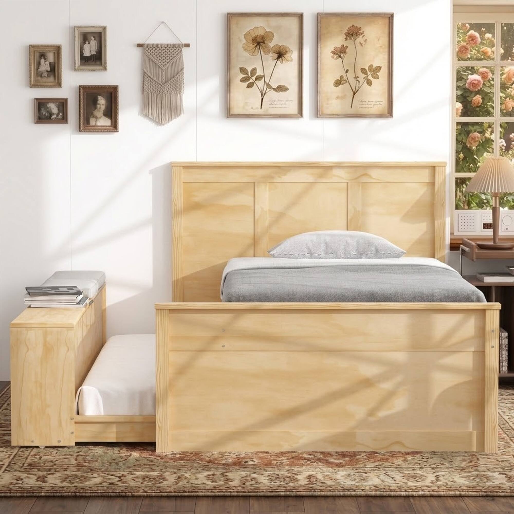 Left. Whisen - Wood Platform Bed with Pull-Out Trundle and Storage Shelves,Extendable Bed - Natural.